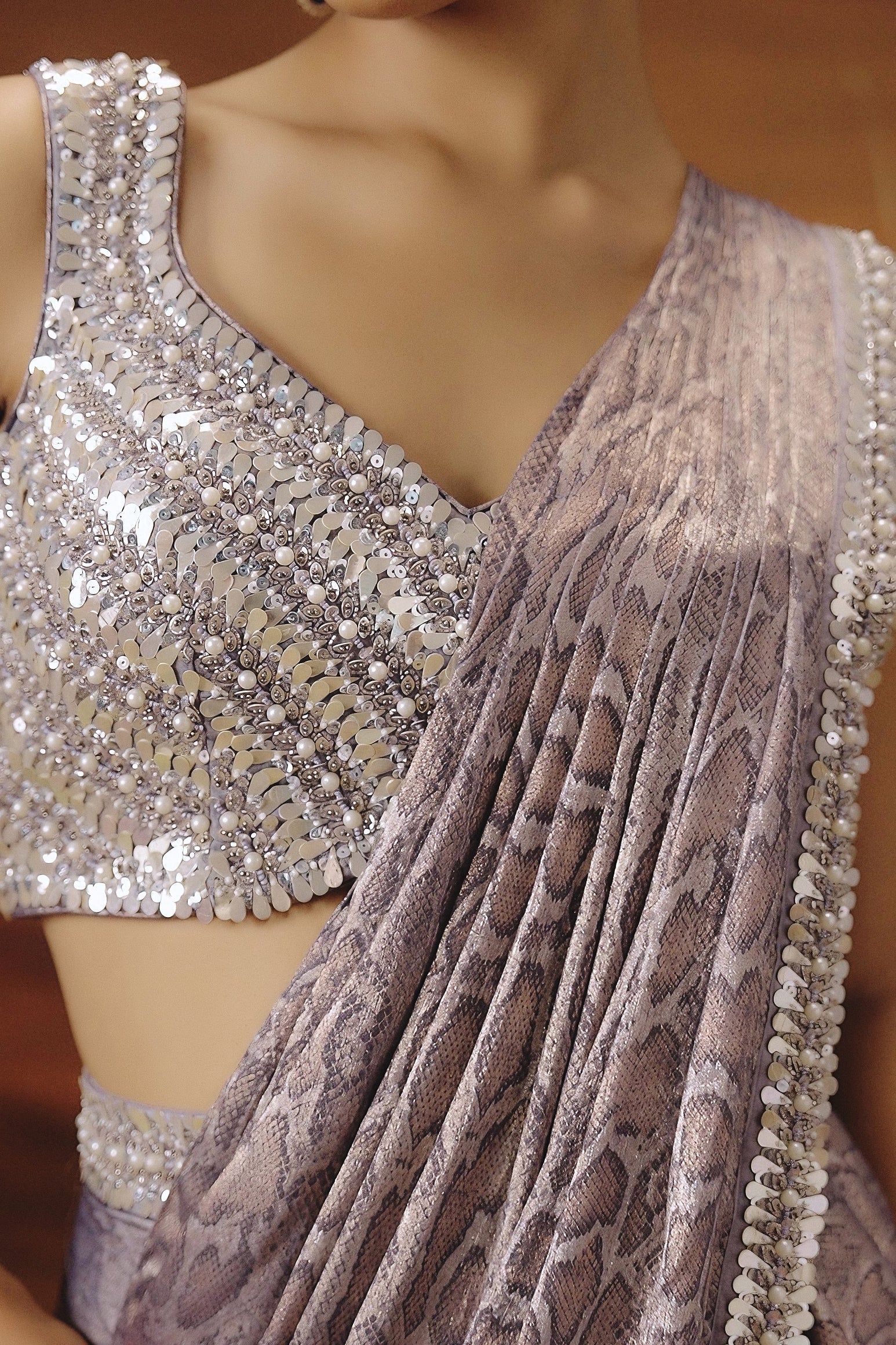 Lilac Purple Embellished Premium Silk Draped Saree