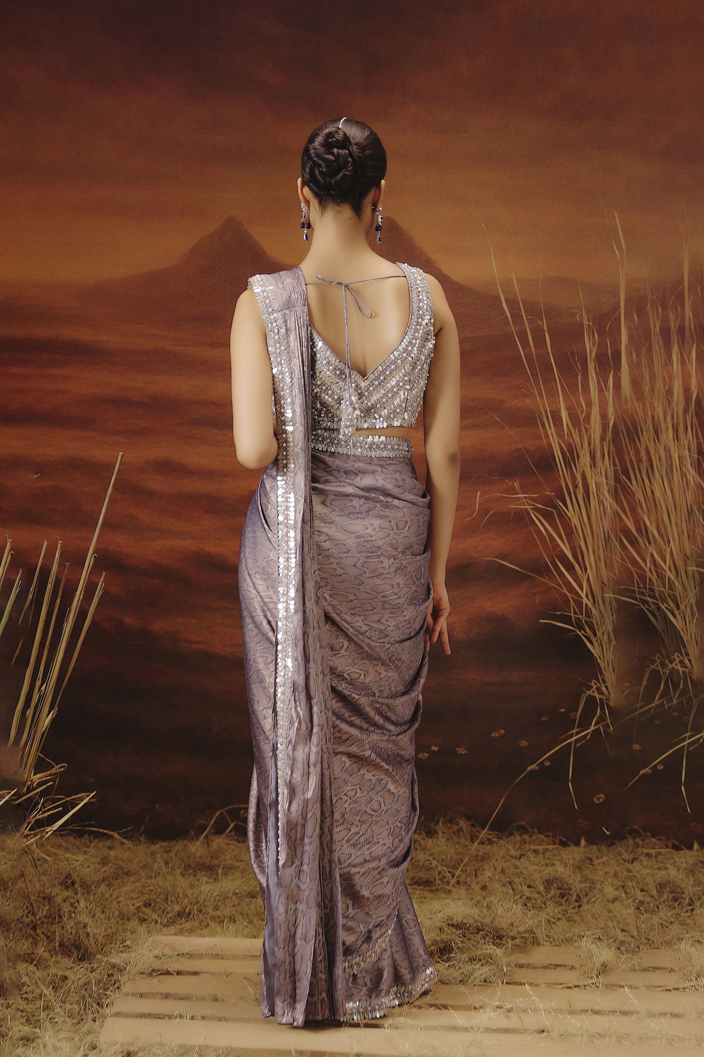 Lilac Purple Embellished Premium Silk Draped Saree