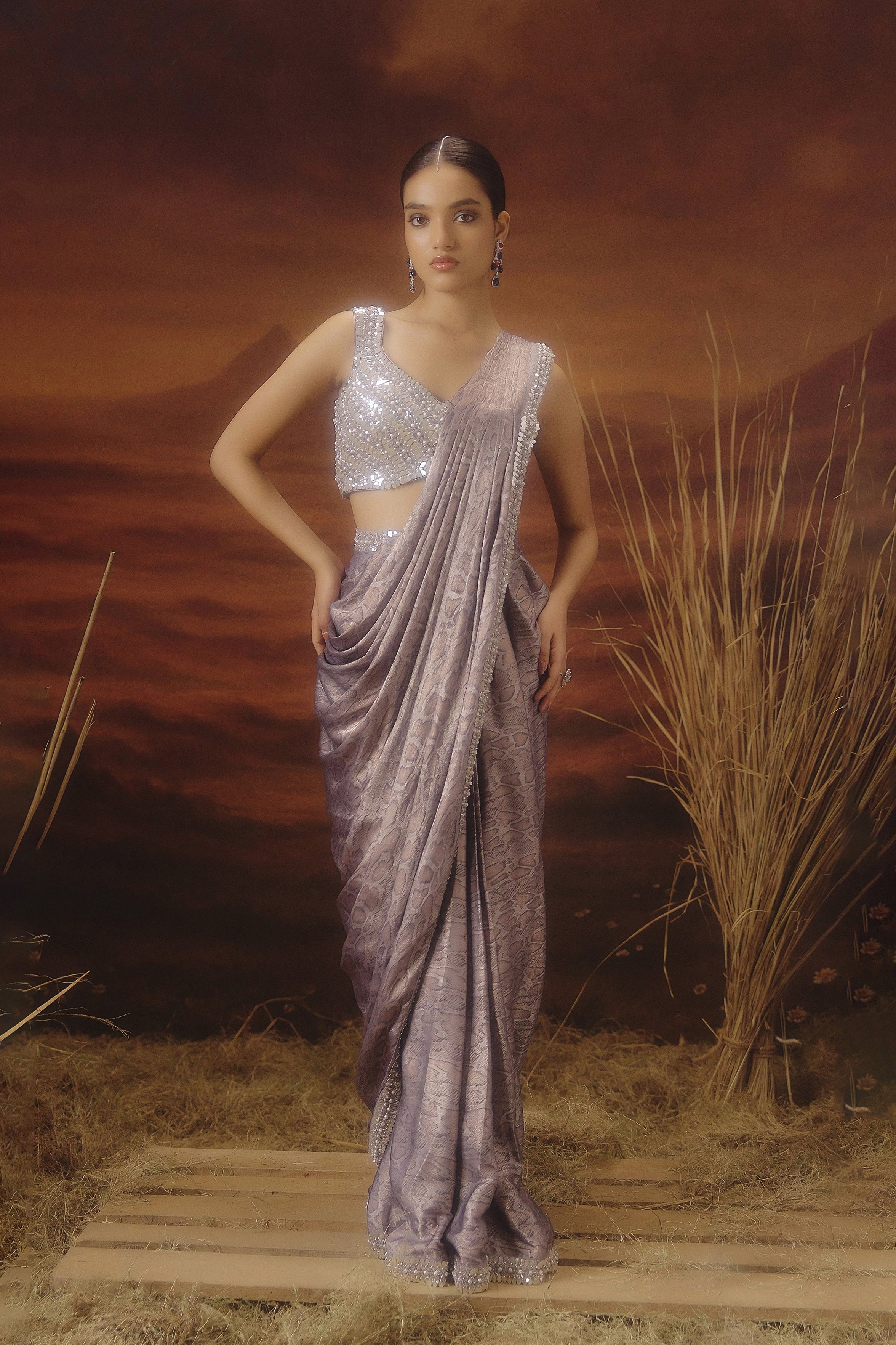 Lilac Purple Embellished Premium Silk Draped Saree
