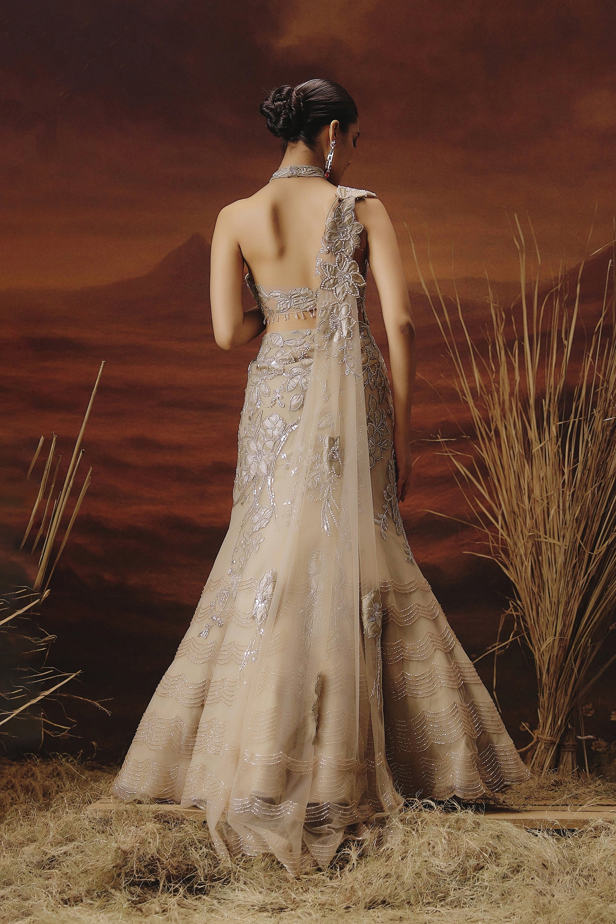 Champagne Beige Embellished Premium Mono Net Lehenga Set