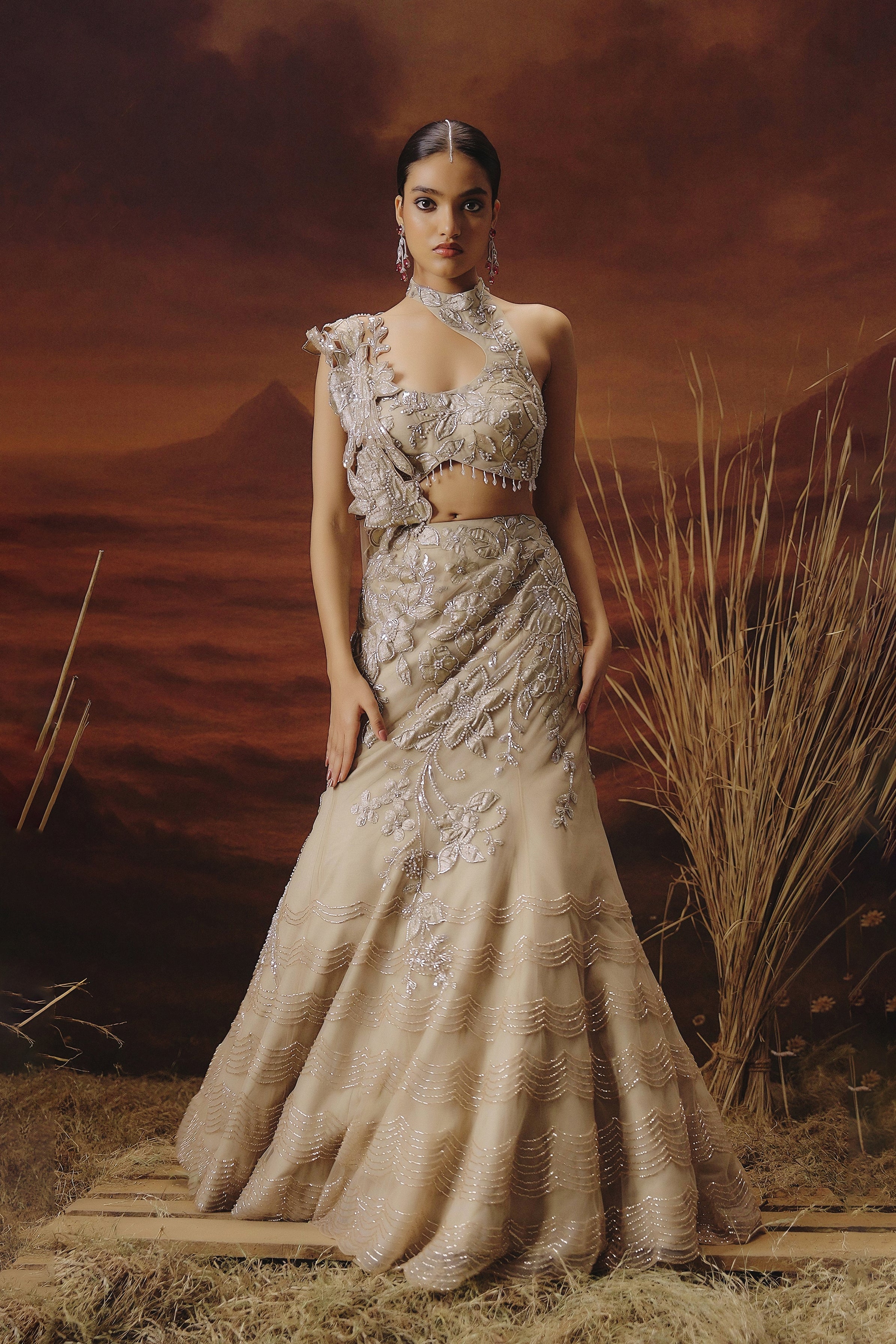 Champagne Beige Embellished Premium Mono Net Lehenga Set