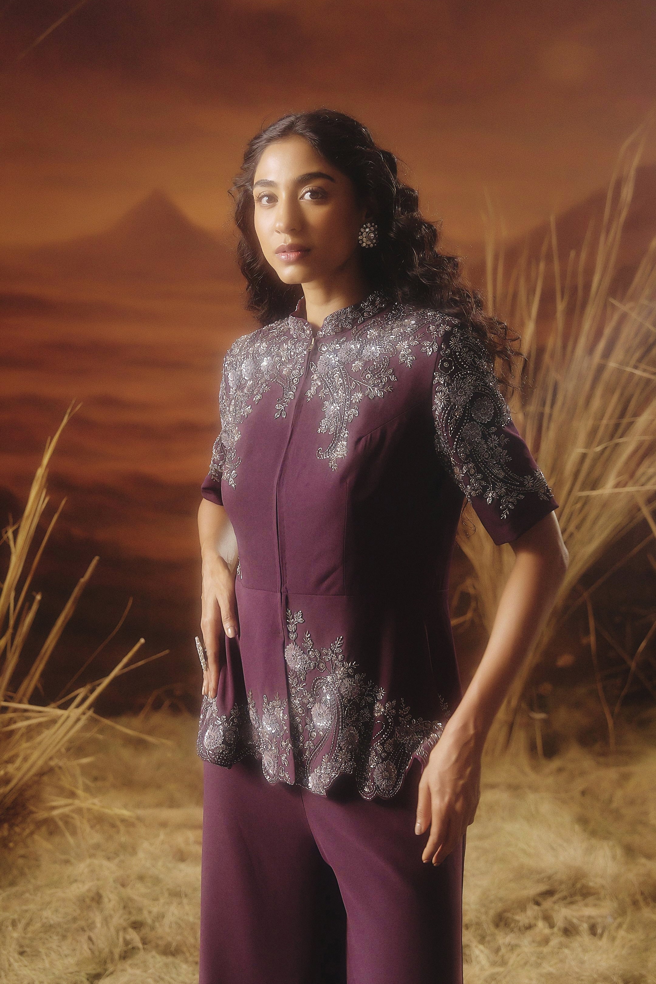 Wine Purple Embellished Premium Silk Co-Ord Set