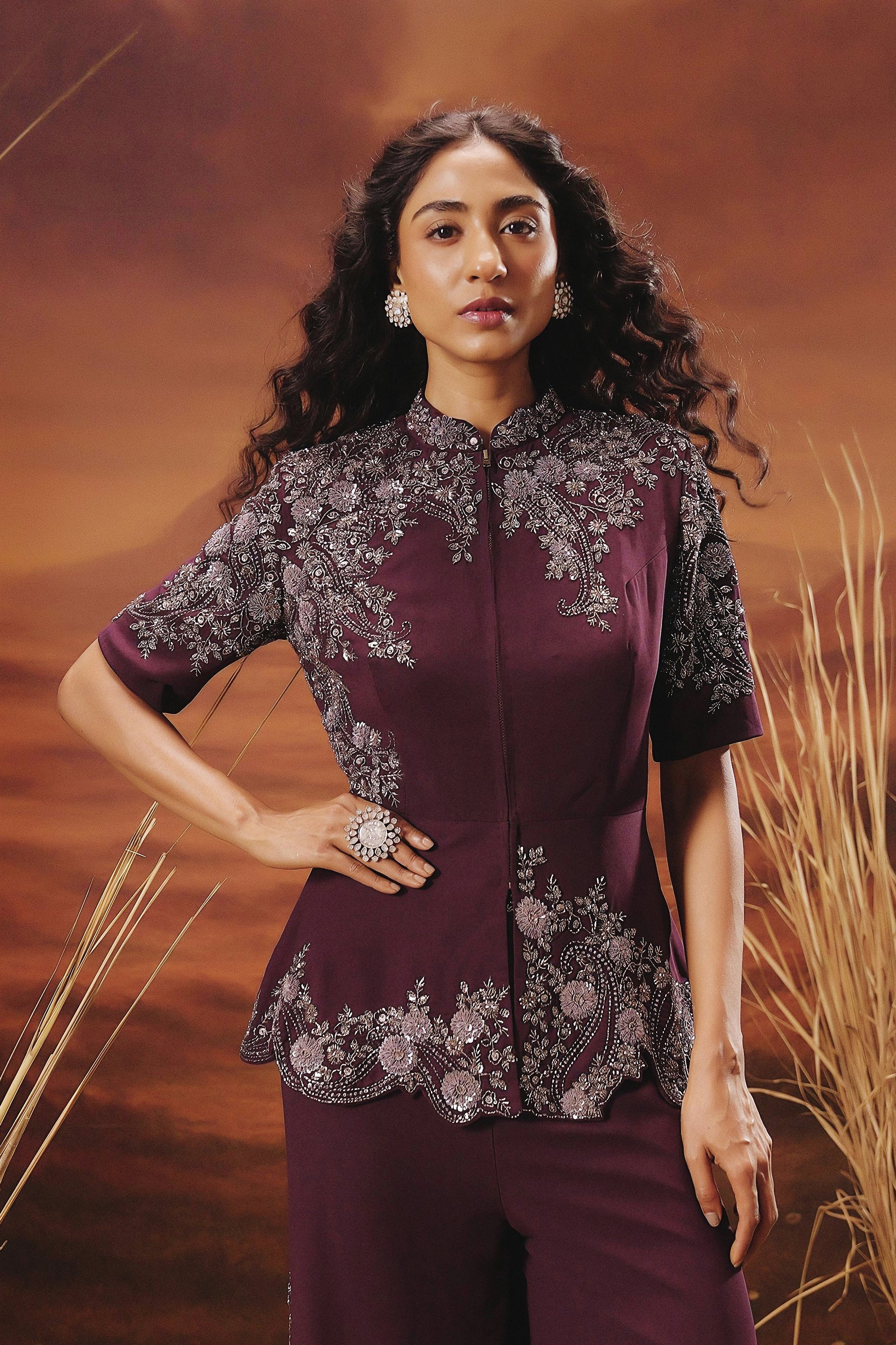Wine Purple Embellished Premium Silk Co-Ord Set