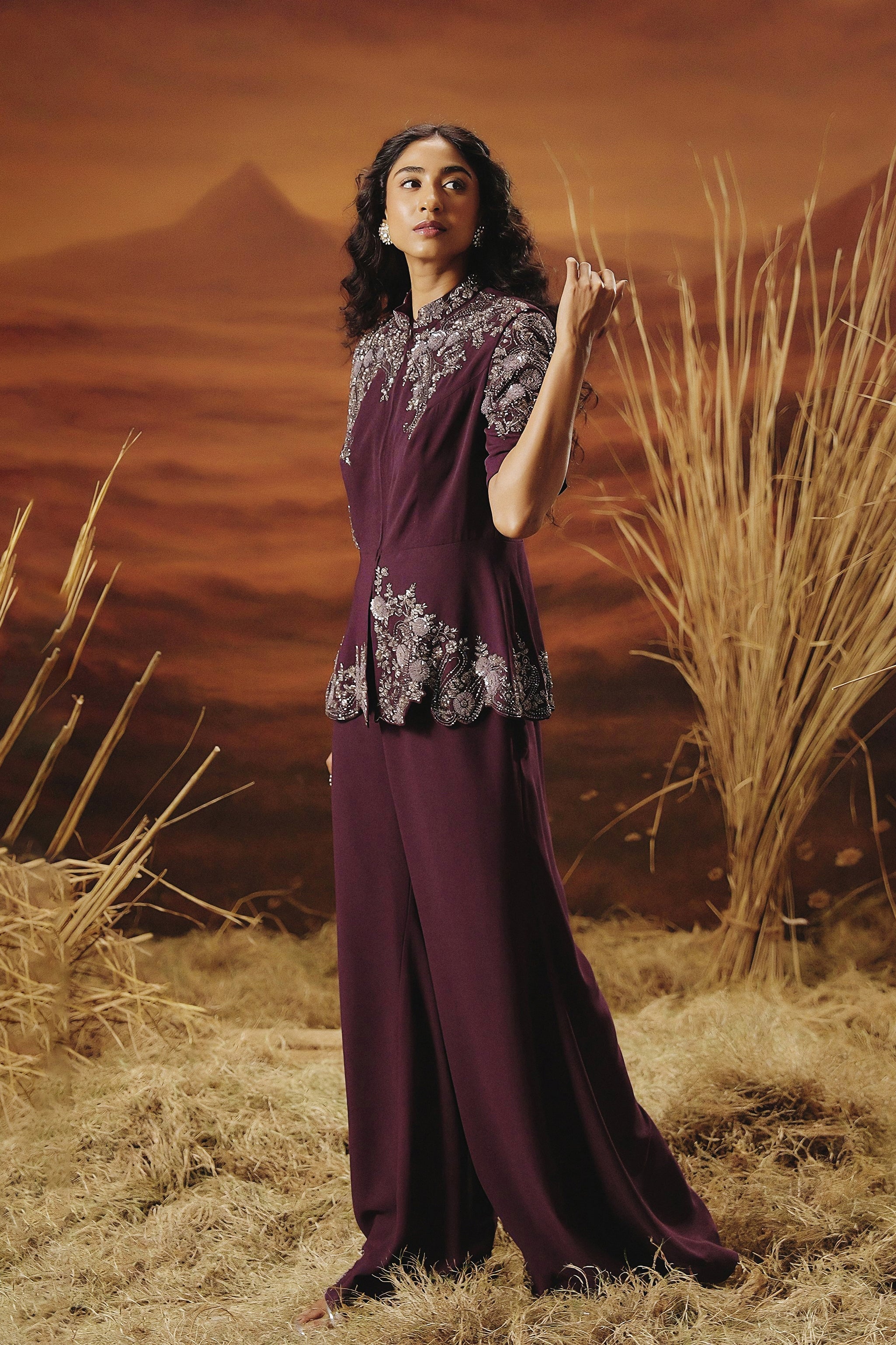 Wine Purple Embellished Premium Silk Co-Ord Set