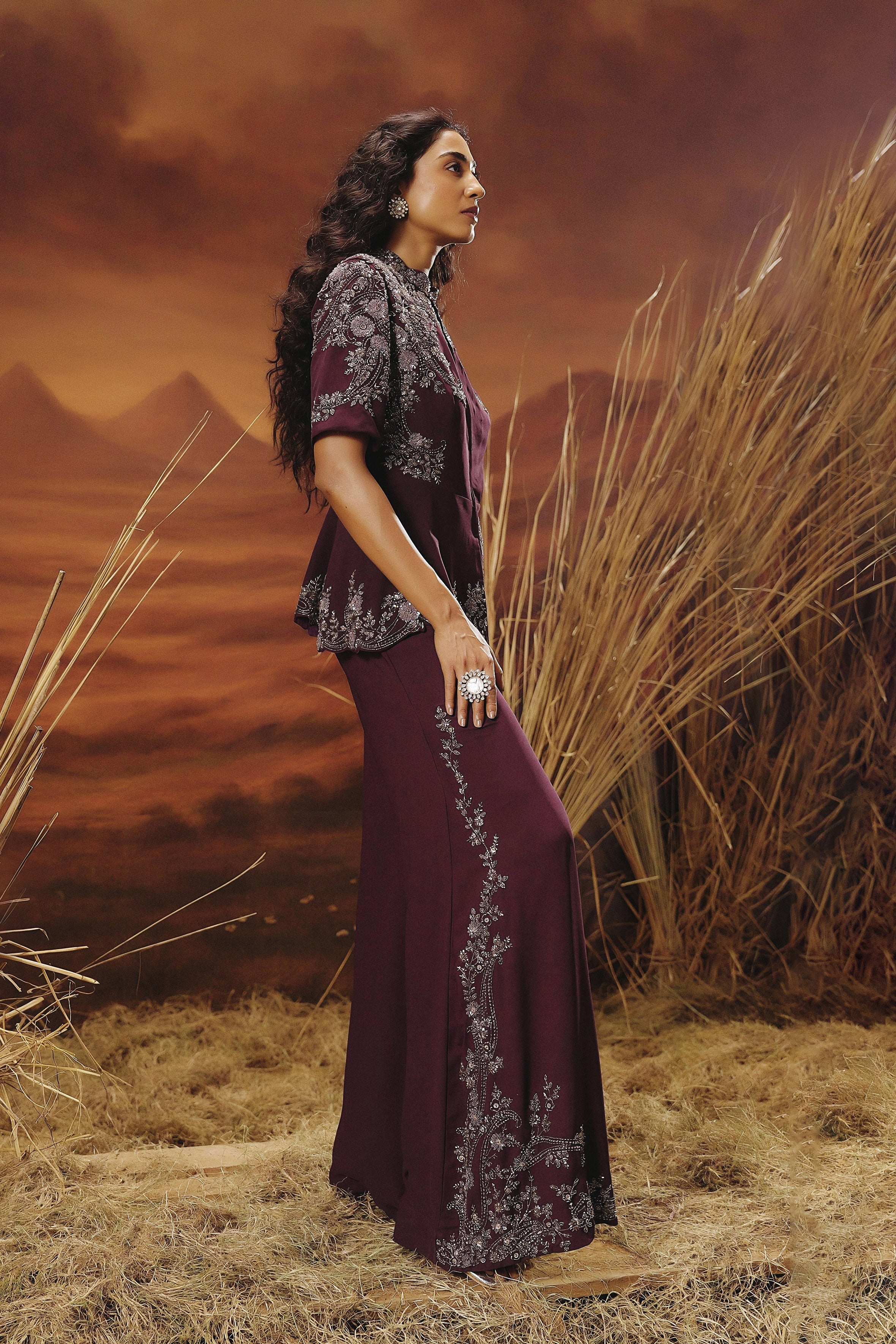 Wine Purple Embellished Premium Silk Co-Ord Set