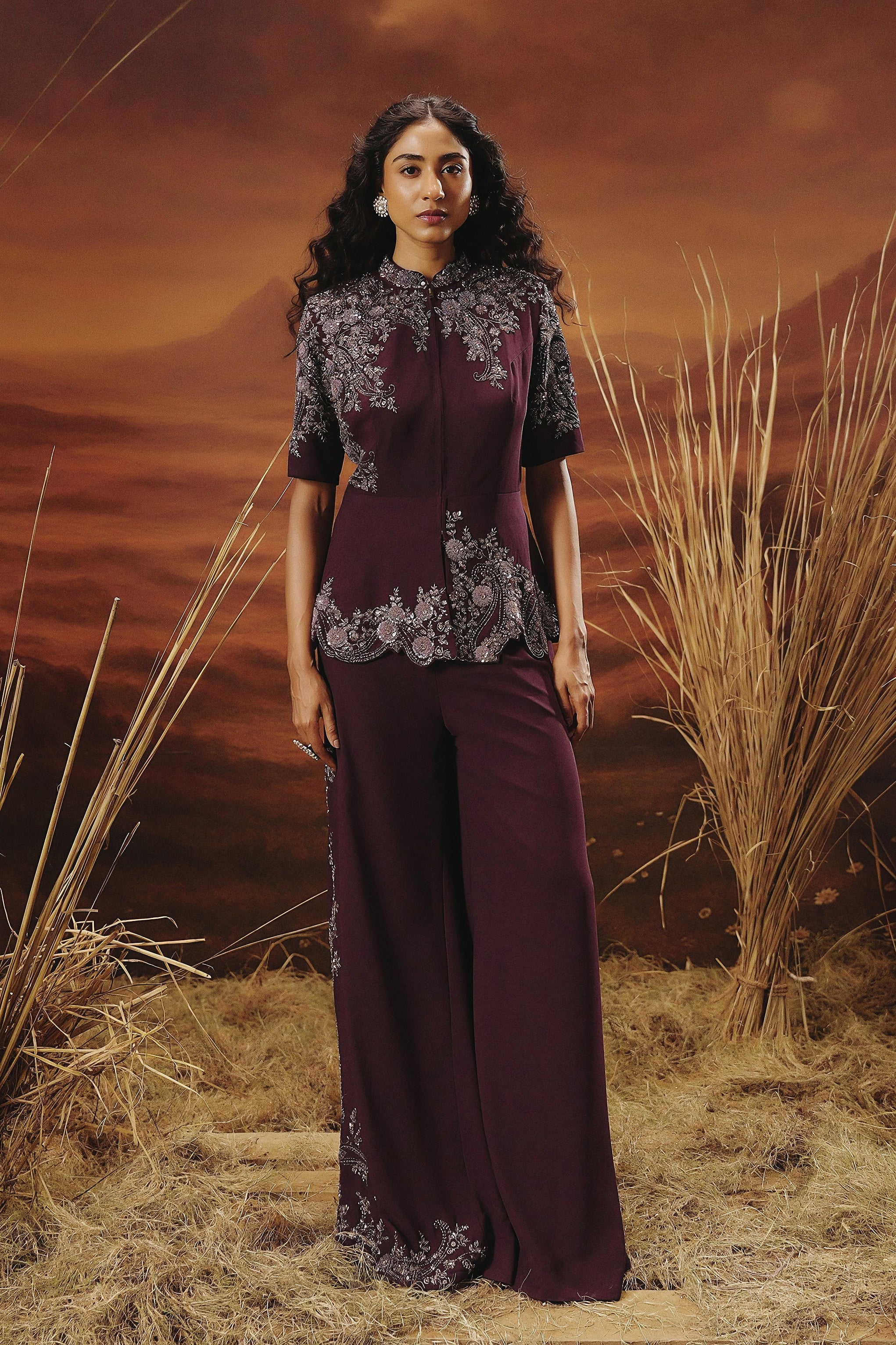 Wine Purple Embellished Premium Silk Co-Ord Set