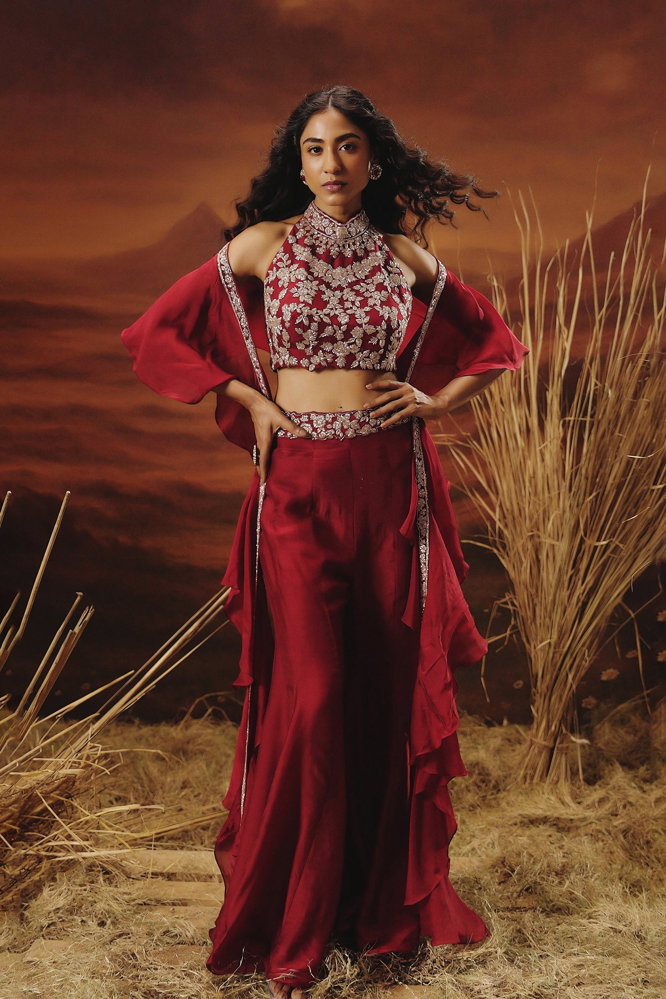 Deep Red Embellished Soft Organza Silk Palazzo Set