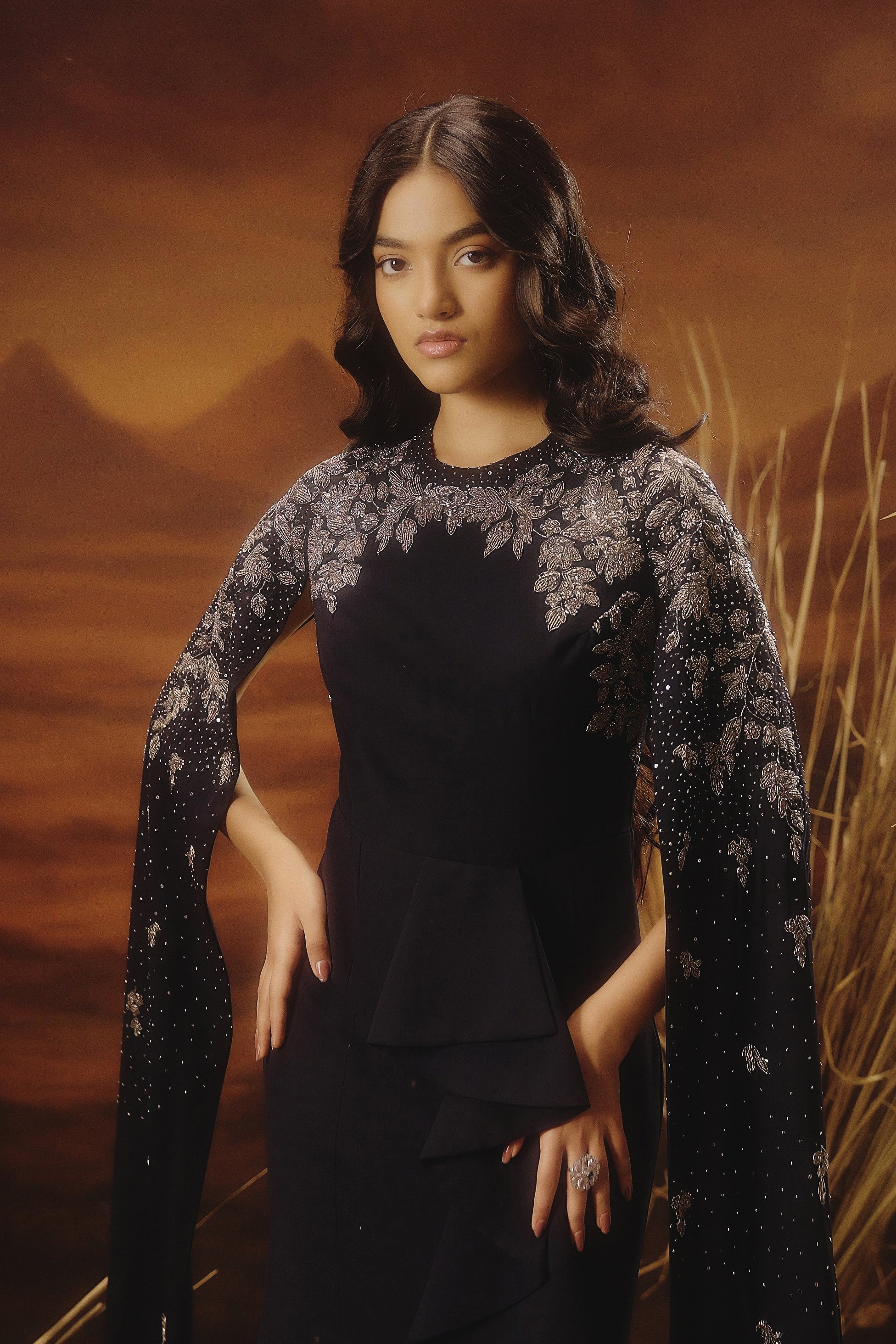 Midnight Blue Embellished Georgette Silk Gown