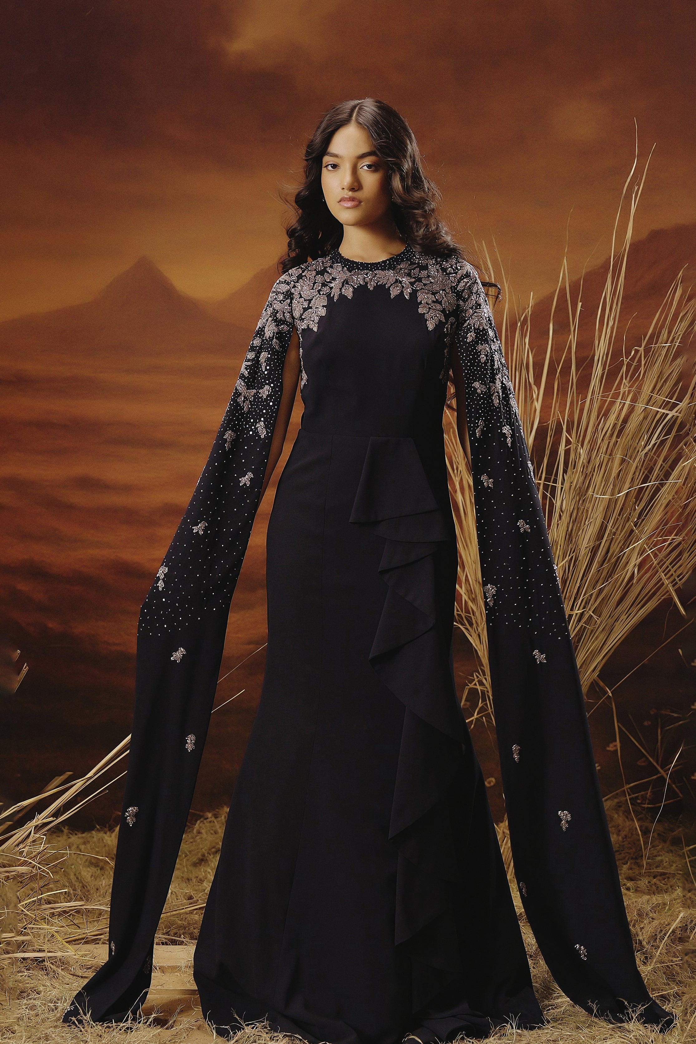 Midnight Blue Embellished Georgette Silk Gown