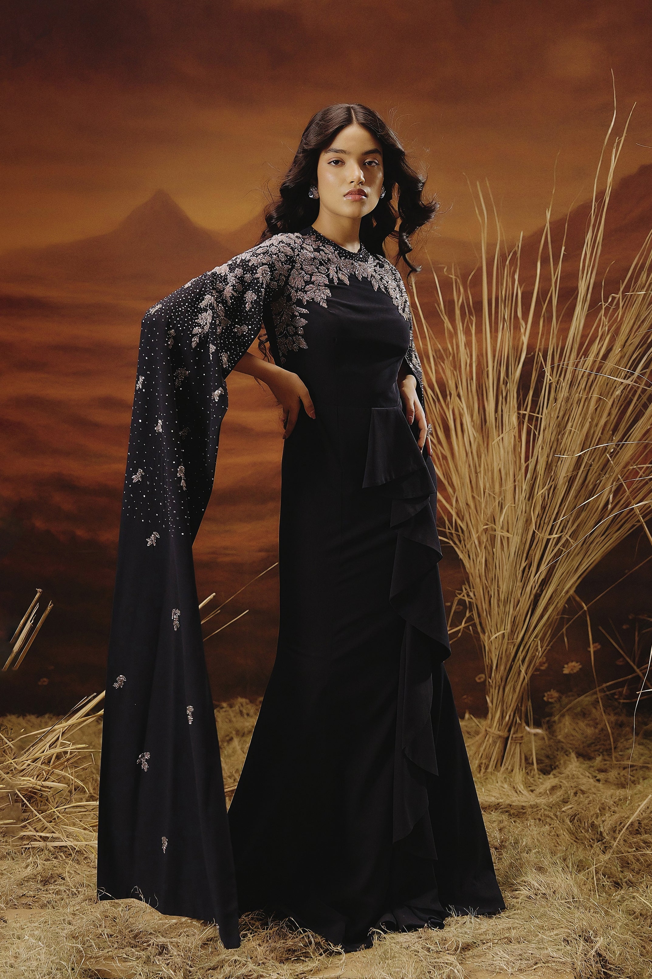 Midnight Blue Embellished Georgette Silk Gown
