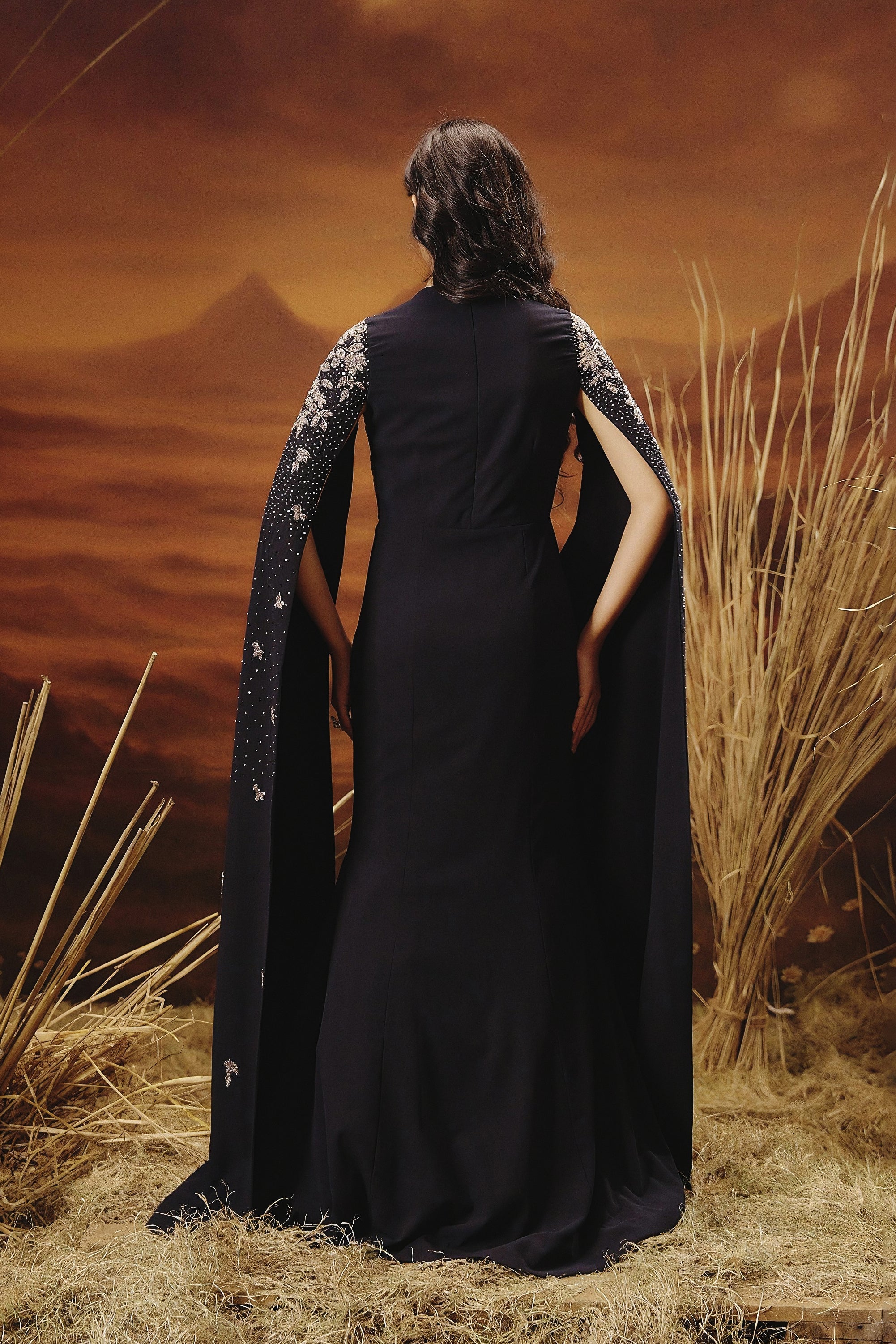 Midnight Blue Embellished Georgette Silk Gown