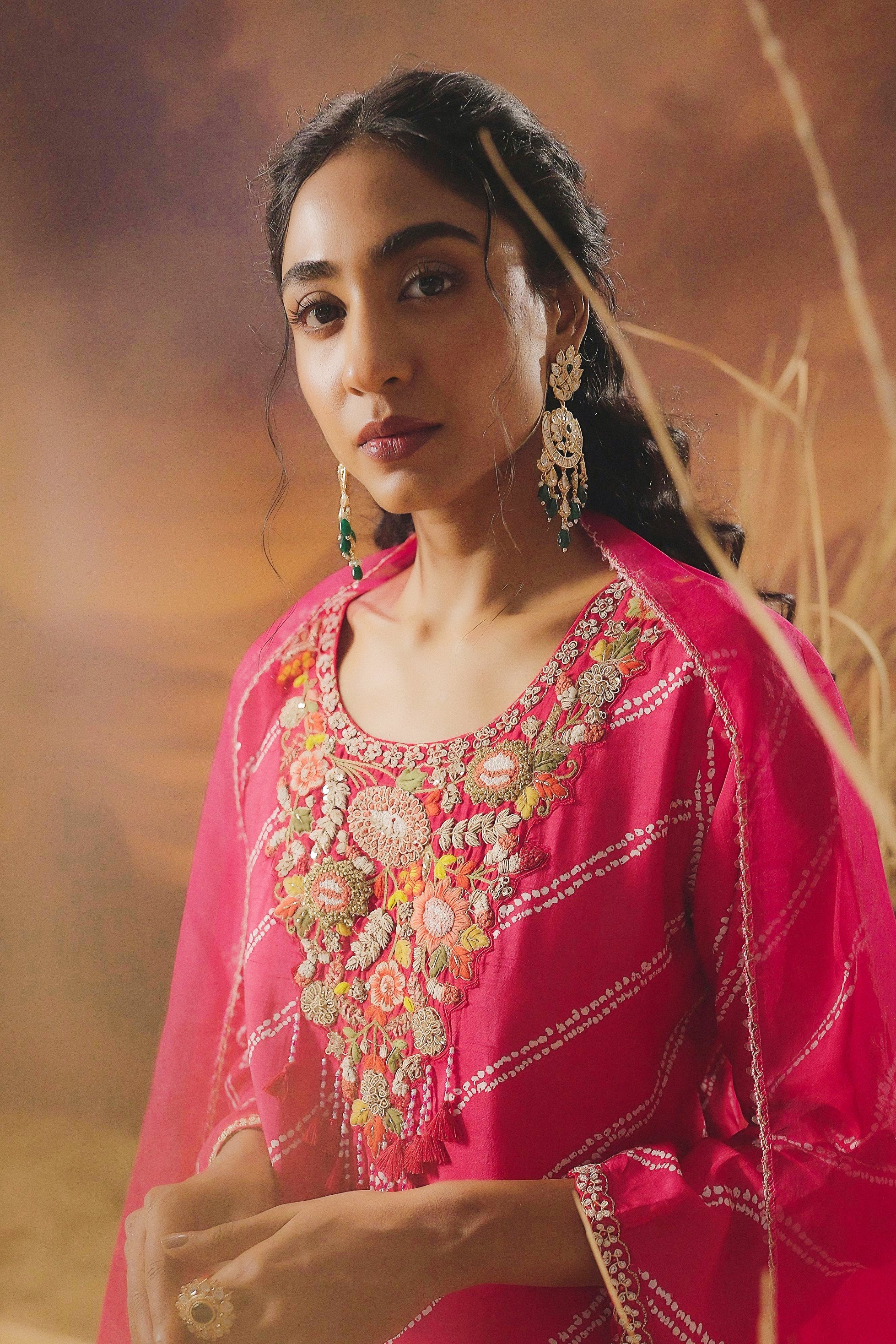 Fuchsia Pink Embellished Raw Silk Pant Set