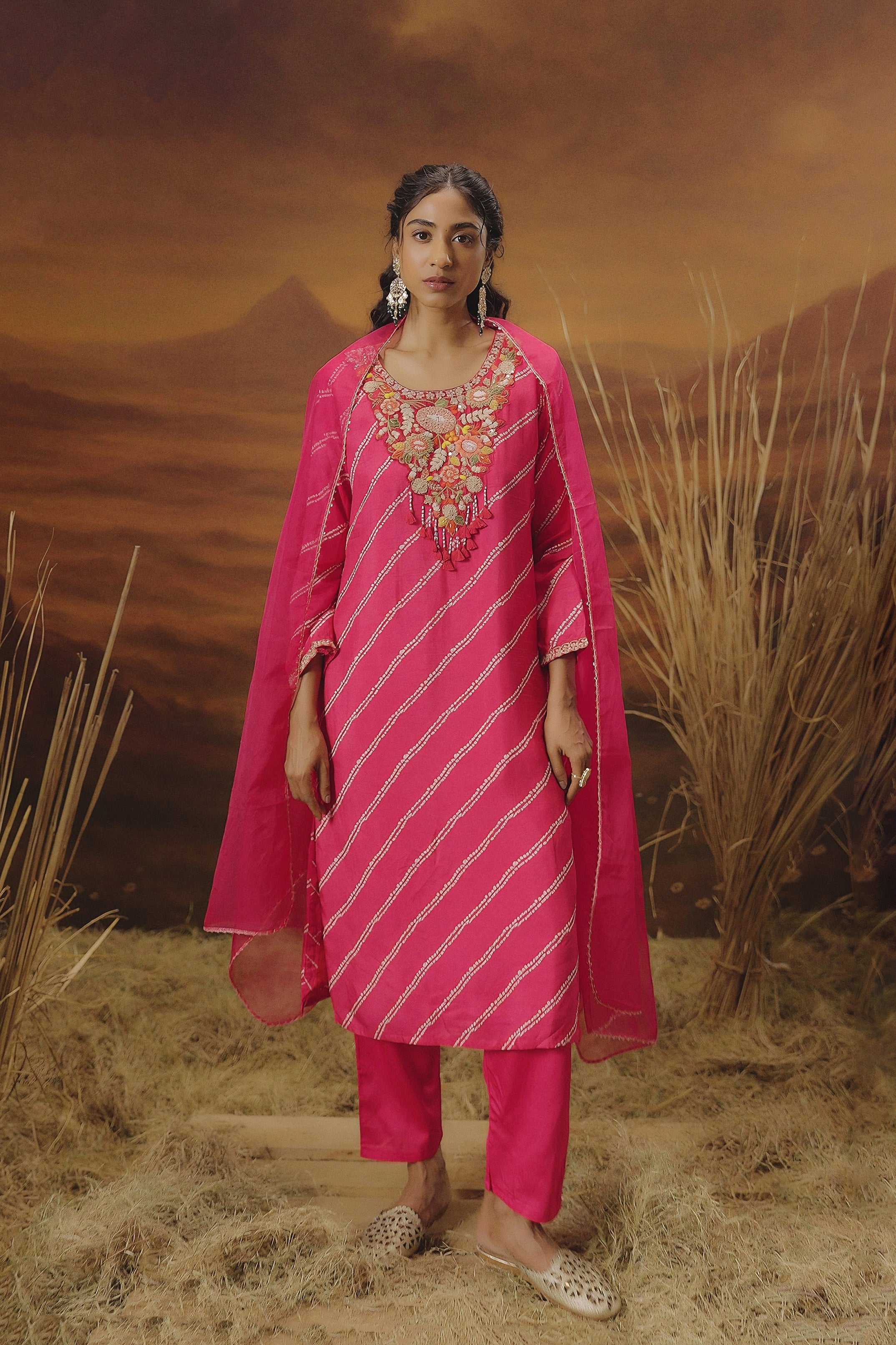 Fuchsia Pink Embellished Raw Silk Pant Set