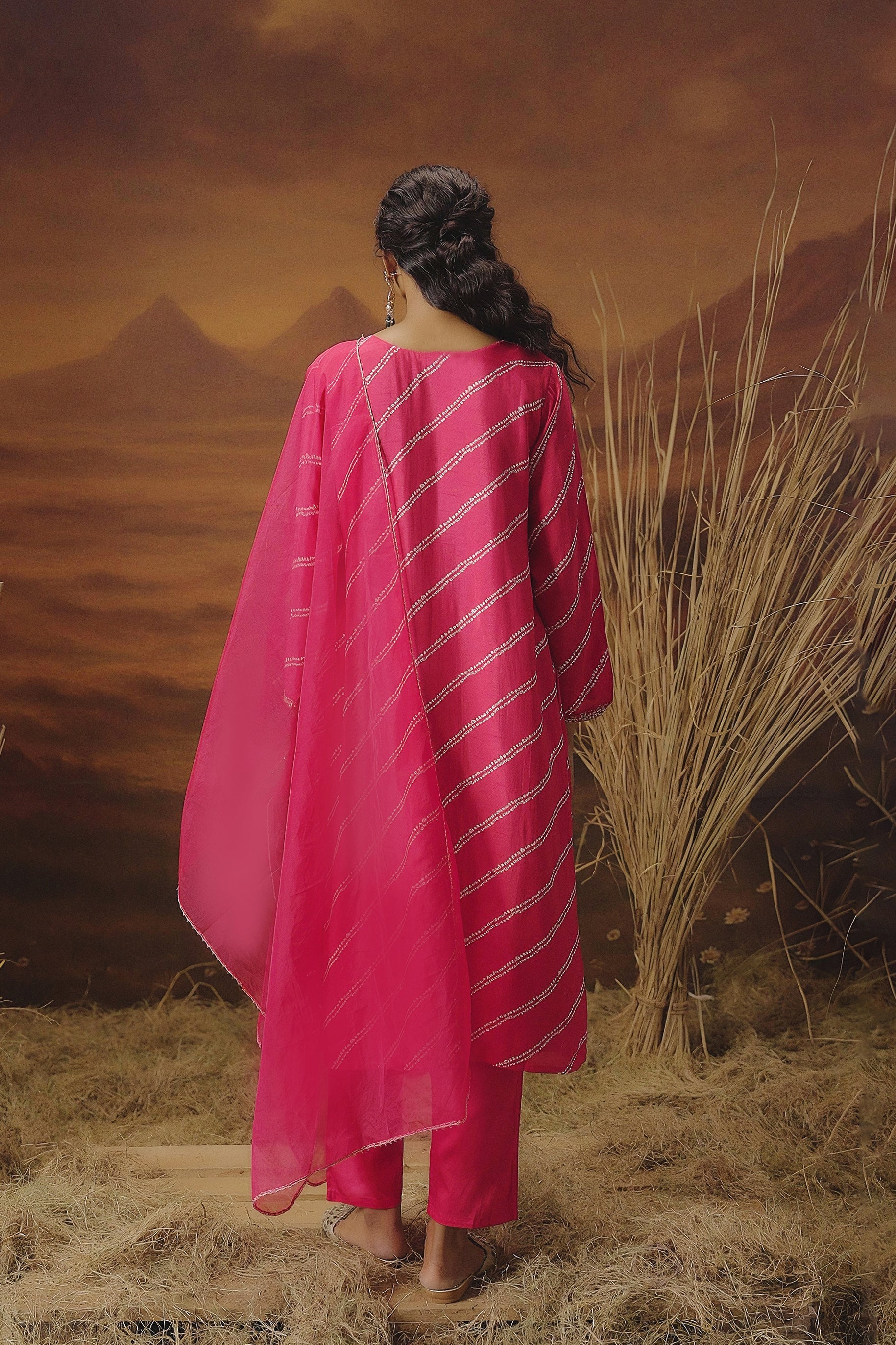 Fuchsia Pink Embellished Raw Silk Pant Set