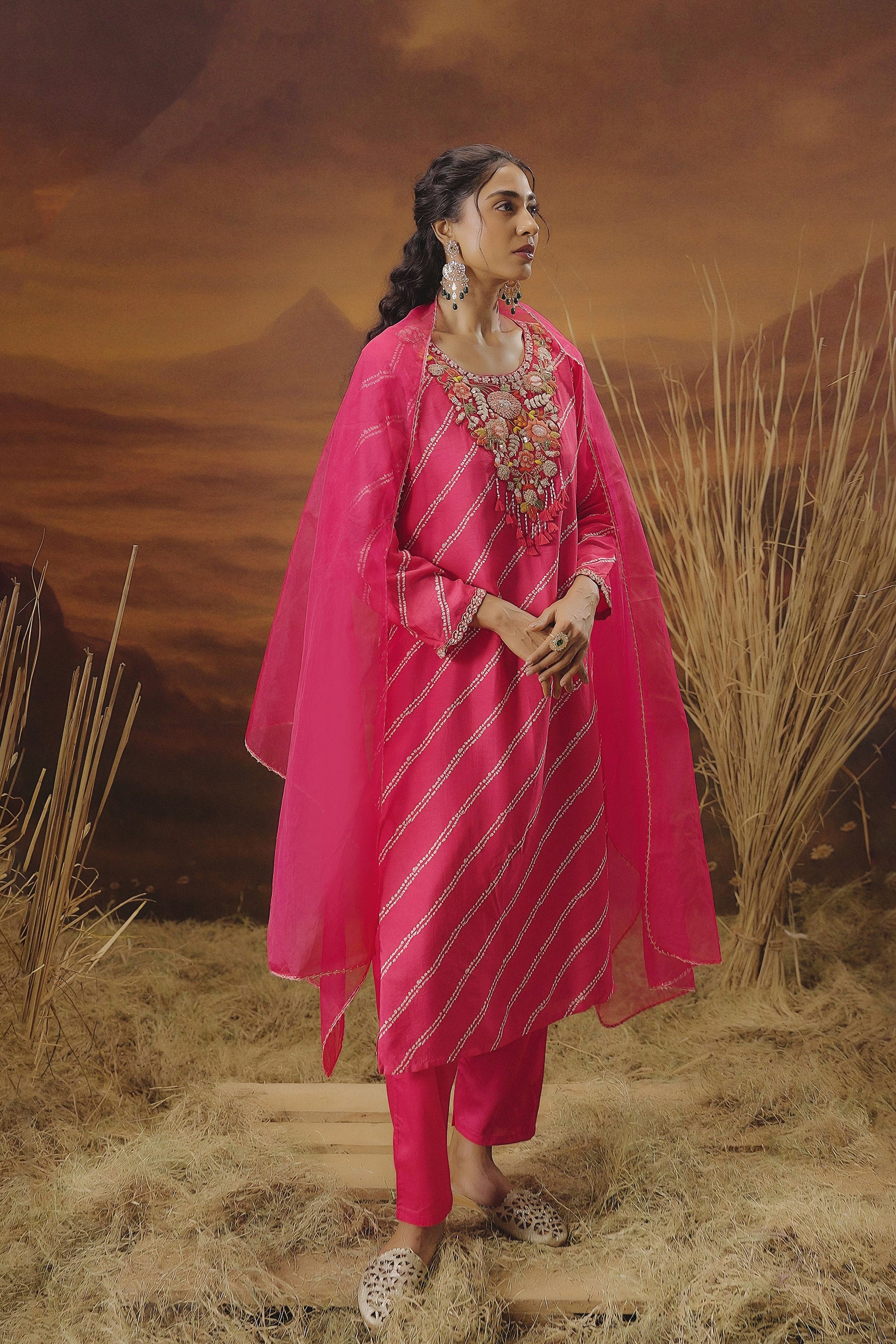Fuchsia Pink Embellished Raw Silk Pant Set