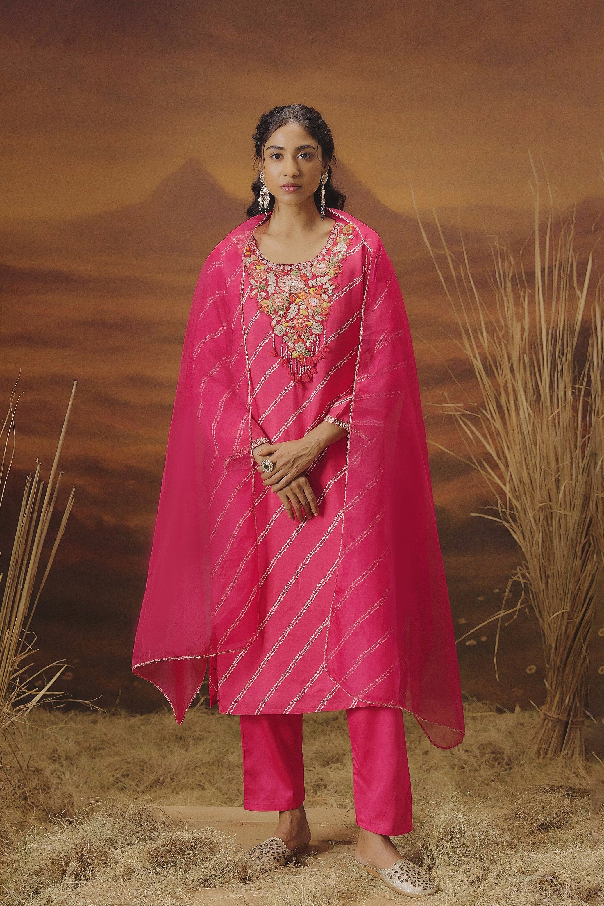 Fuchsia Pink Embellished Raw Silk Pant Set