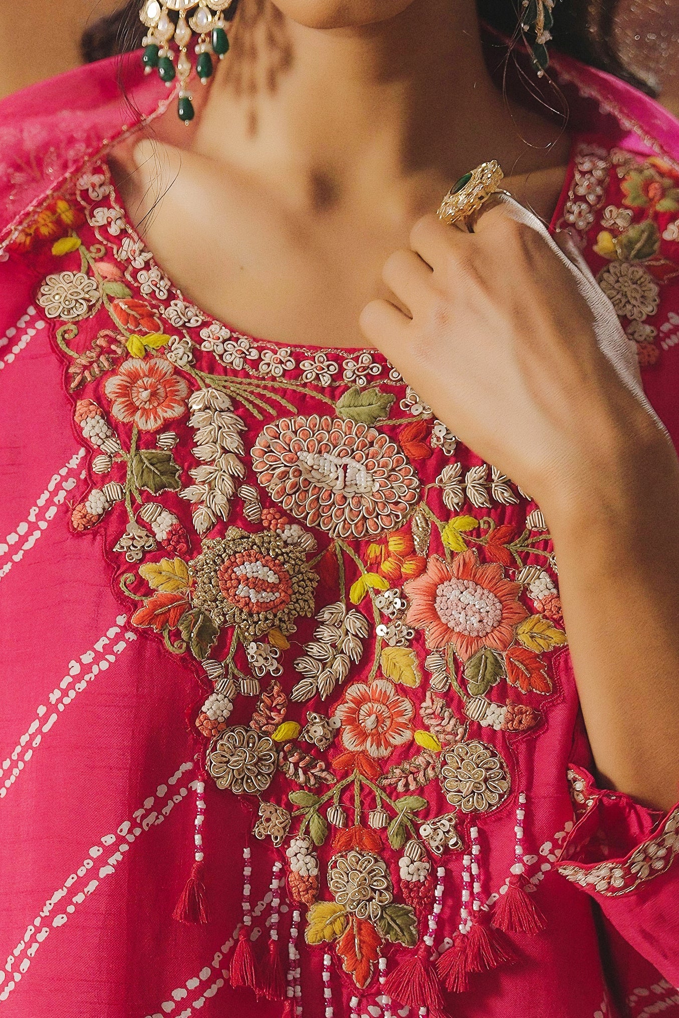 Fuchsia Pink Embellished Raw Silk Pant Set
