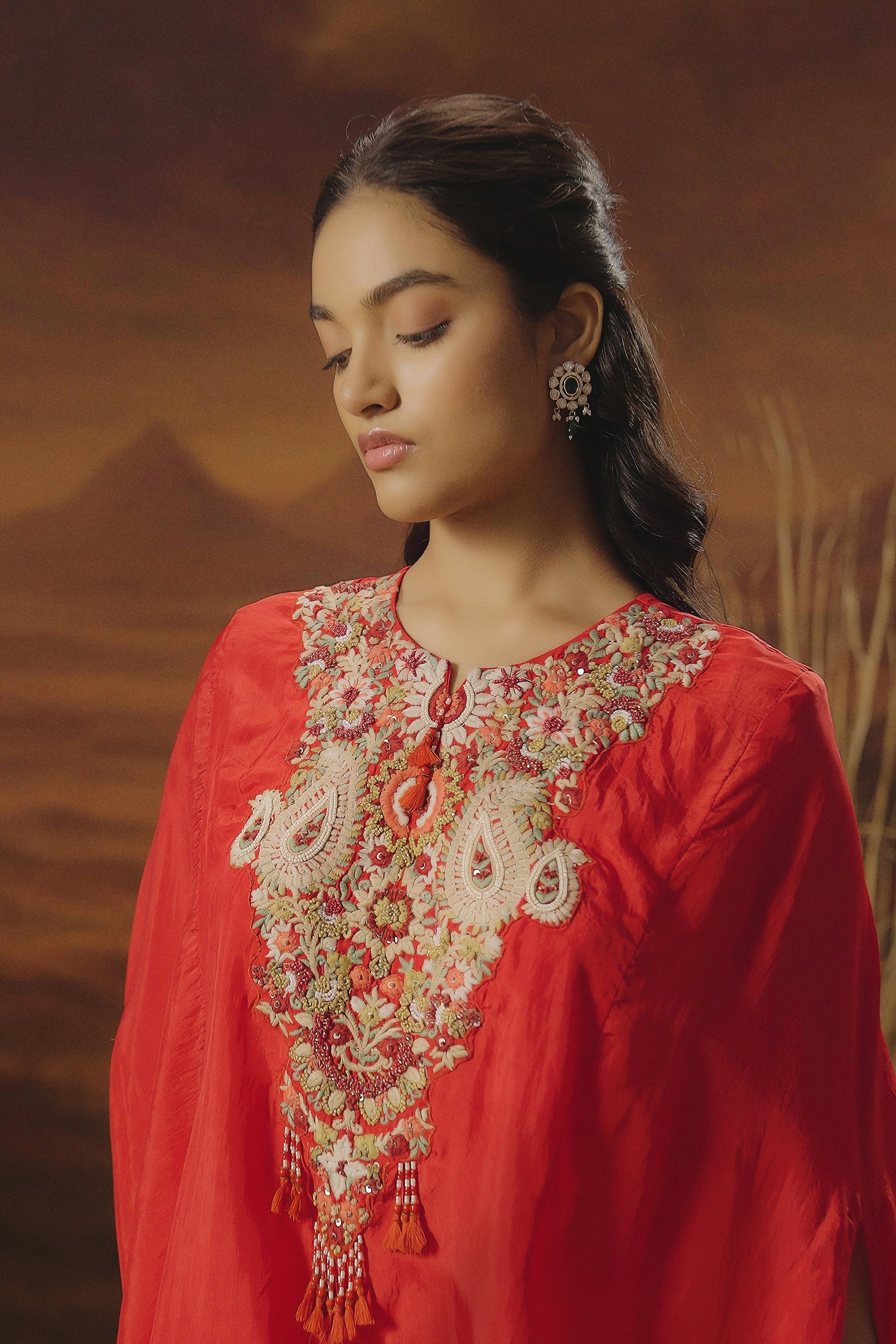 Poppy Red Embellished Satin Silk Kaftan Set