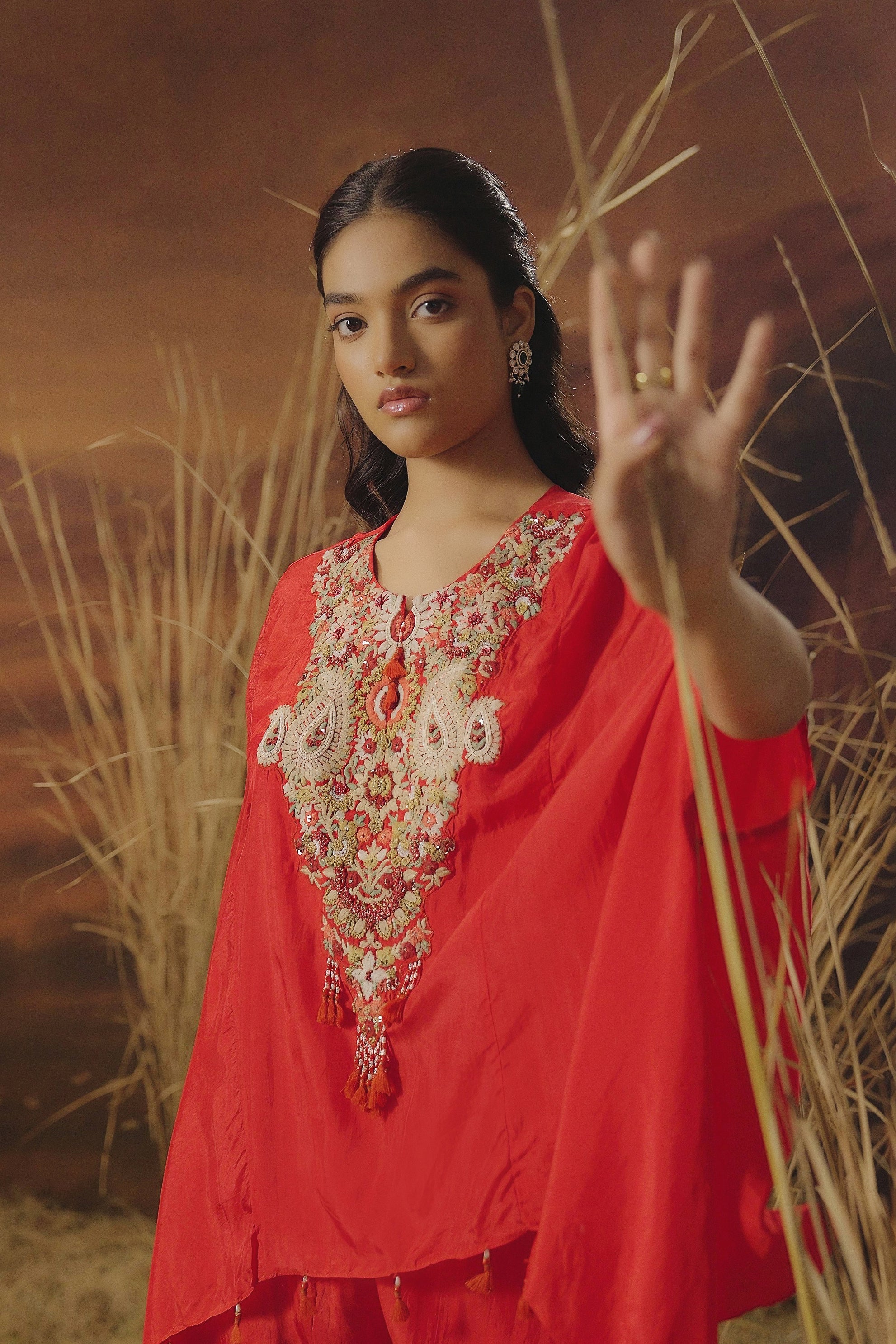 Poppy Red Embellished Satin Silk Kaftan Set
