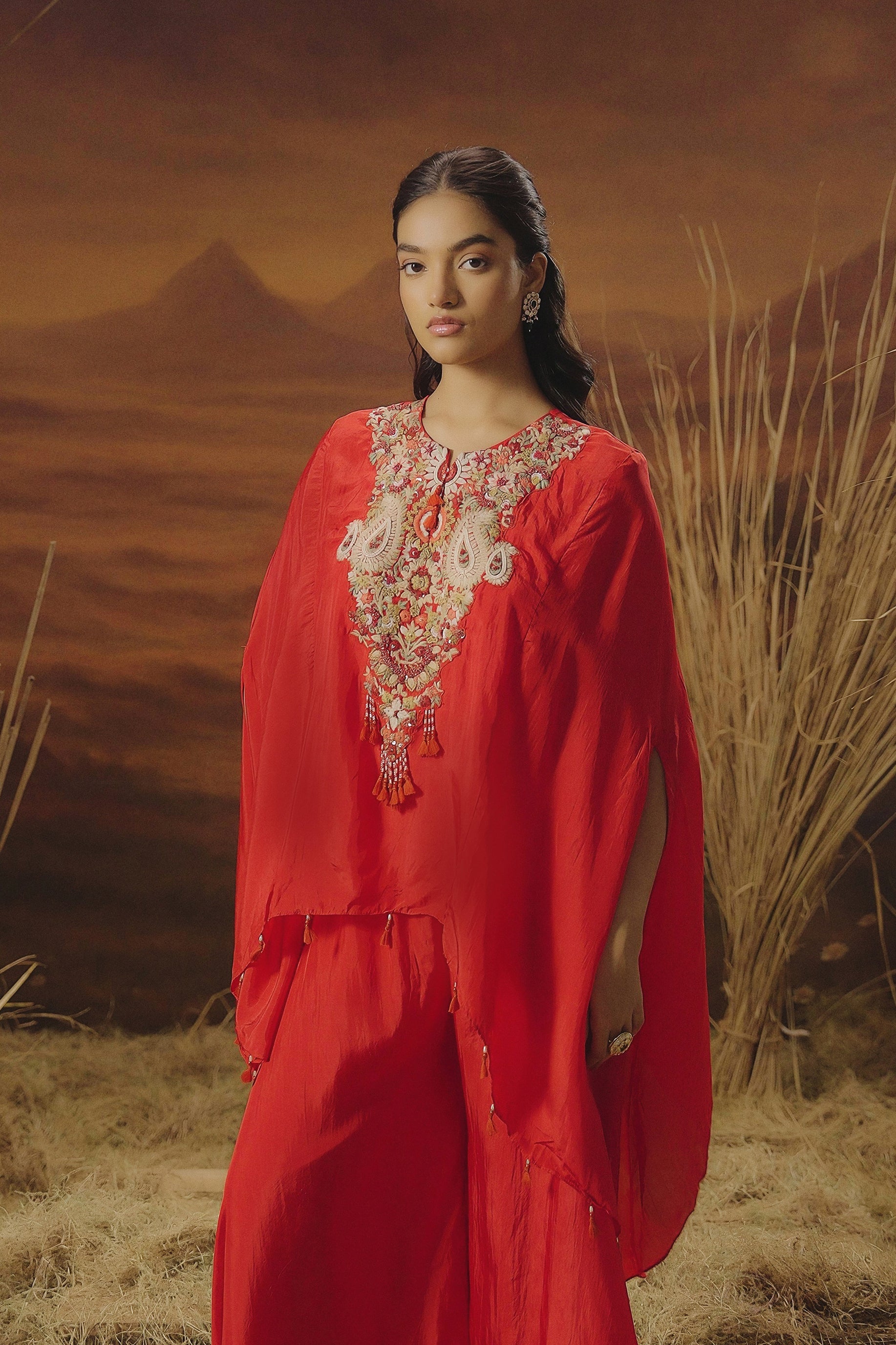 Poppy Red Embellished Satin Silk Kaftan Set
