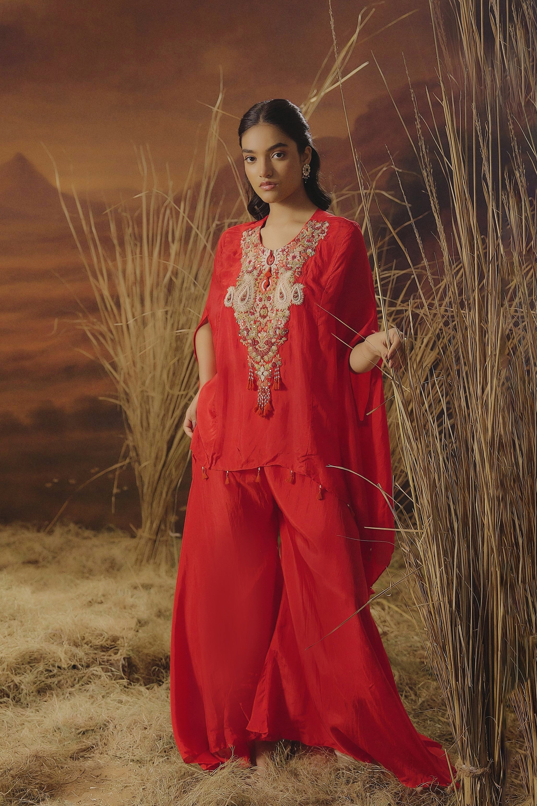 Poppy Red Embellished Satin Silk Kaftan Set
