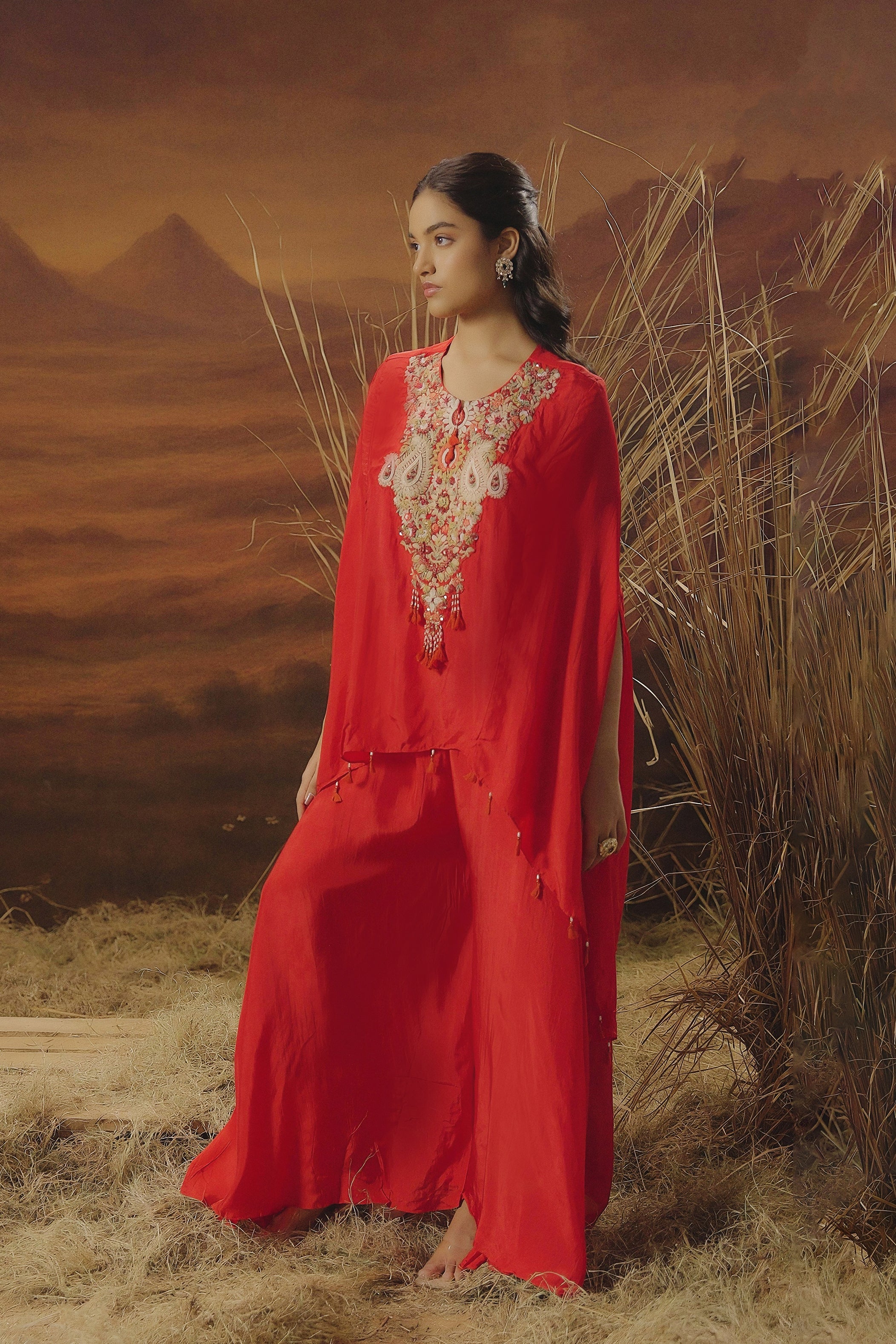 Poppy Red Embellished Satin Silk Kaftan Set