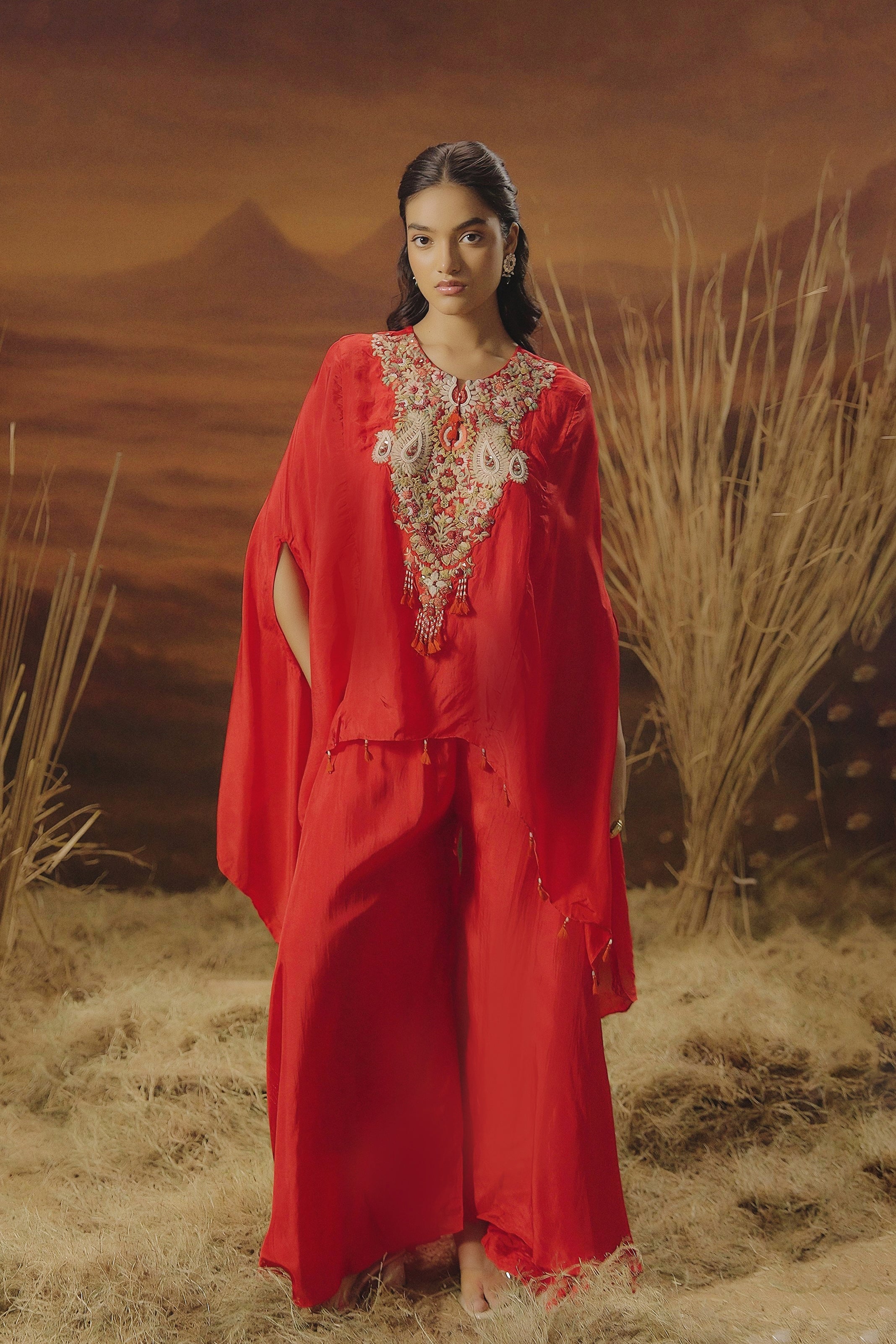 Poppy Red Embellished Satin Silk Kaftan Set