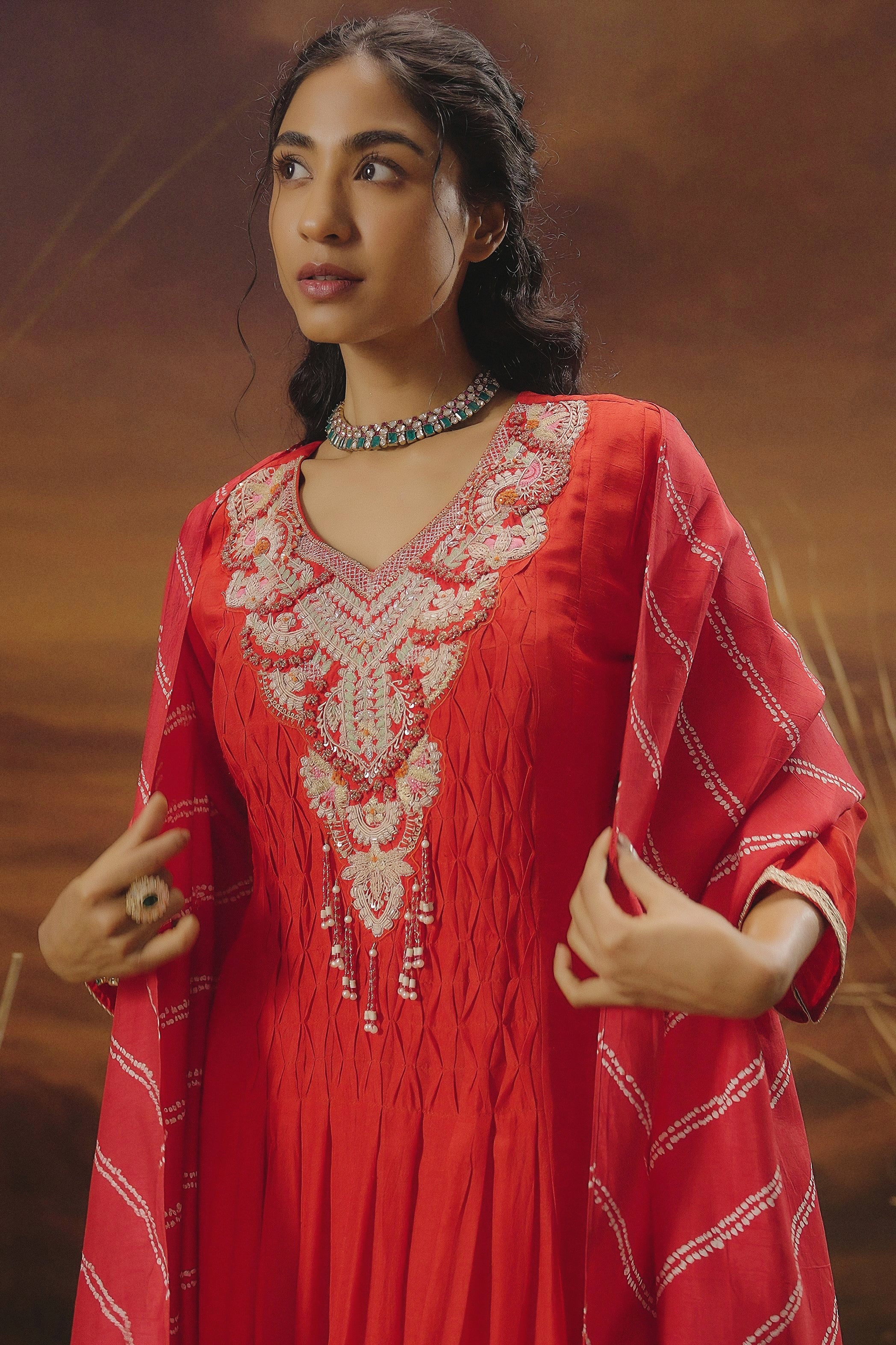 Scarlet Red Embellished Raw Silk Anarkali Set