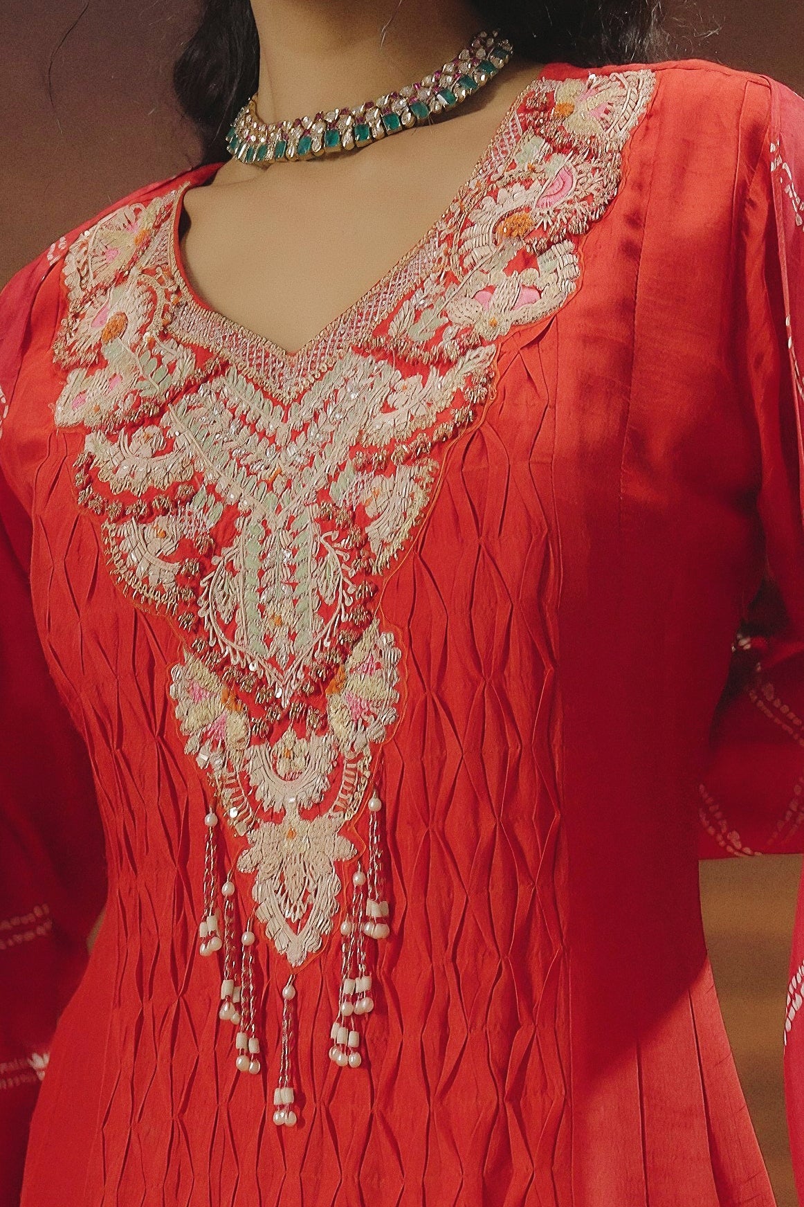 Scarlet Red Embellished Raw Silk Anarkali Set