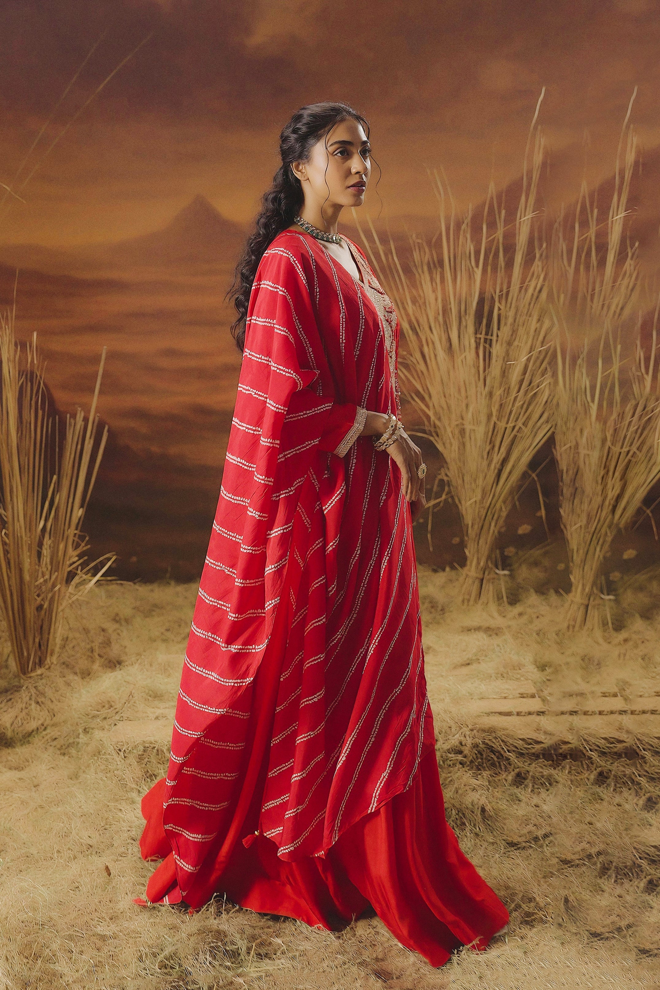 Scarlet Red Embellished Raw Silk Anarkali Set