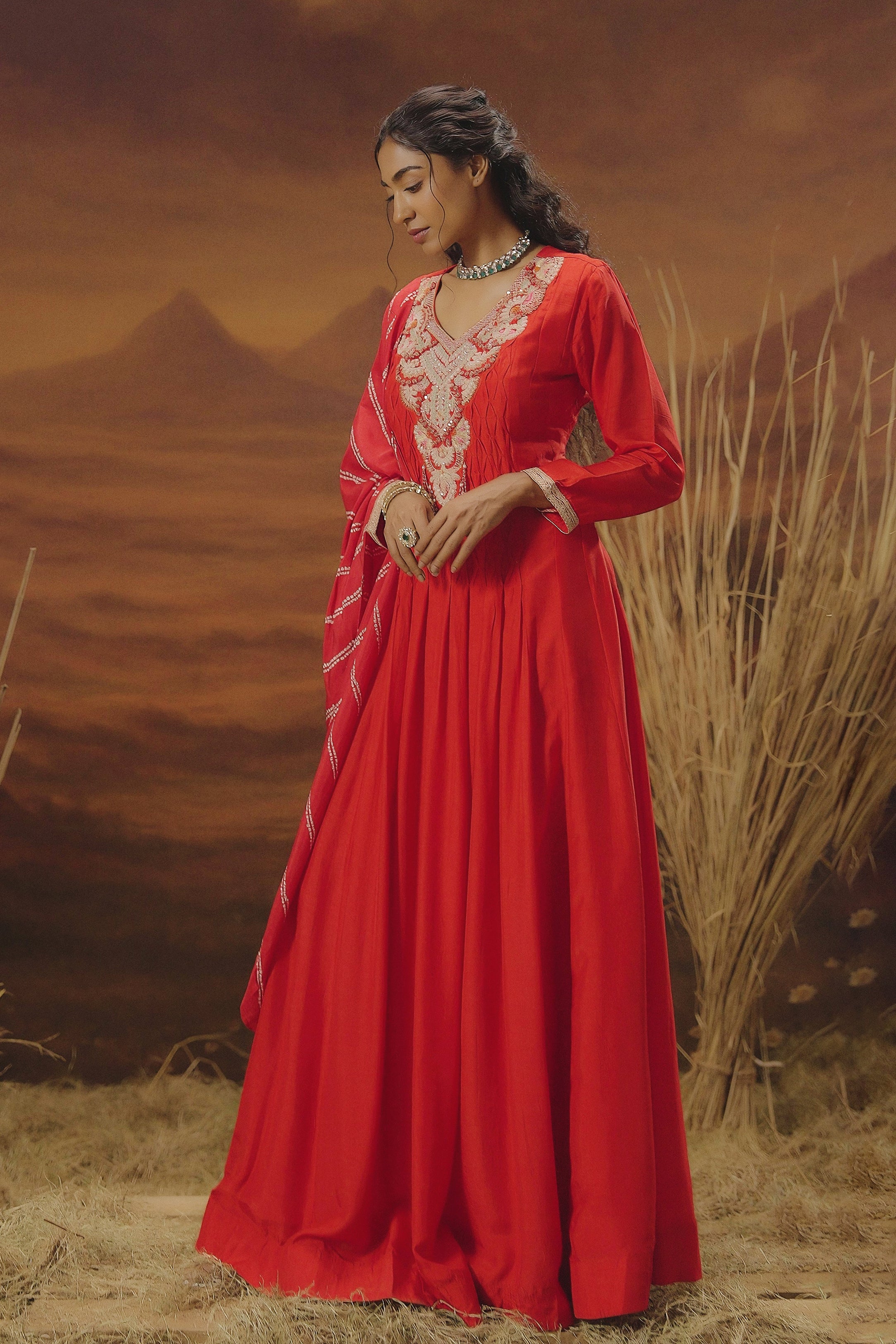 Scarlet Red Embellished Raw Silk Anarkali Set