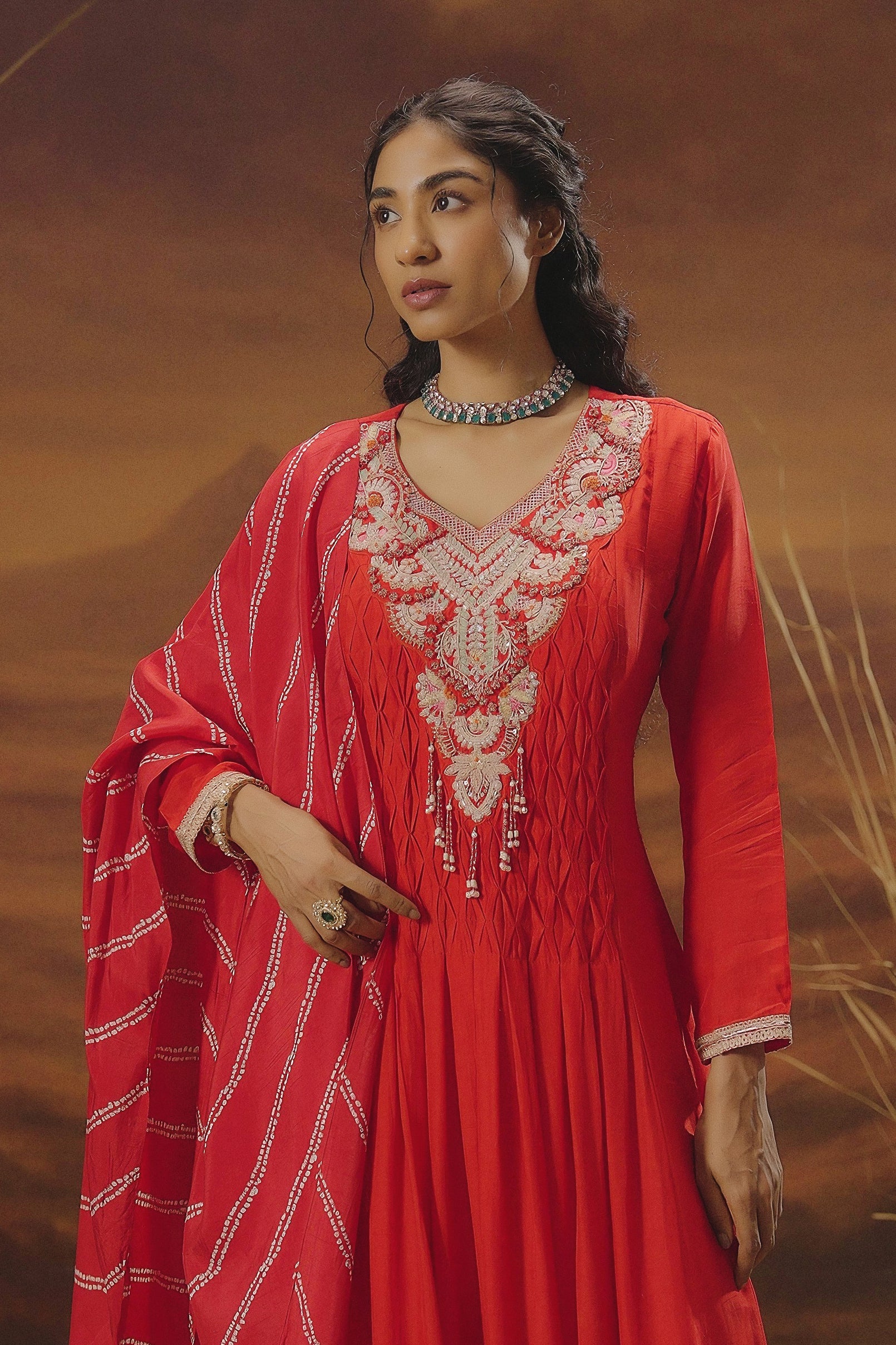 Scarlet Red Embellished Raw Silk Anarkali Set