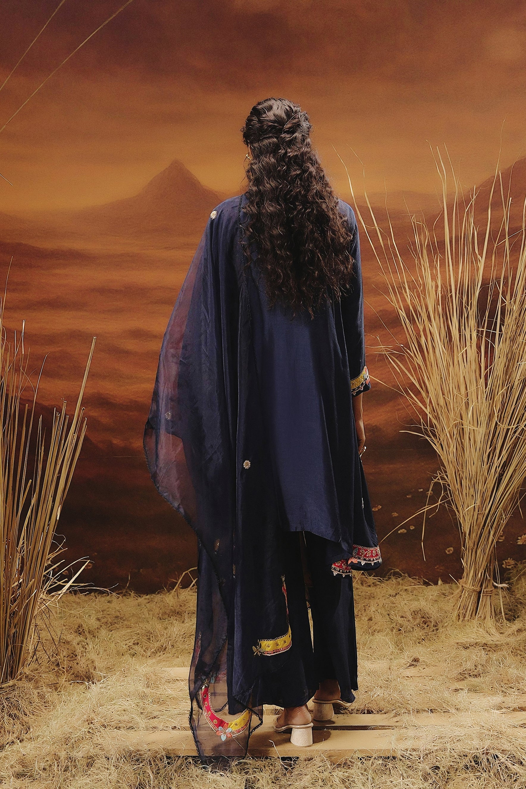 Deep Blue Embellished Raw Silk Pant Set
