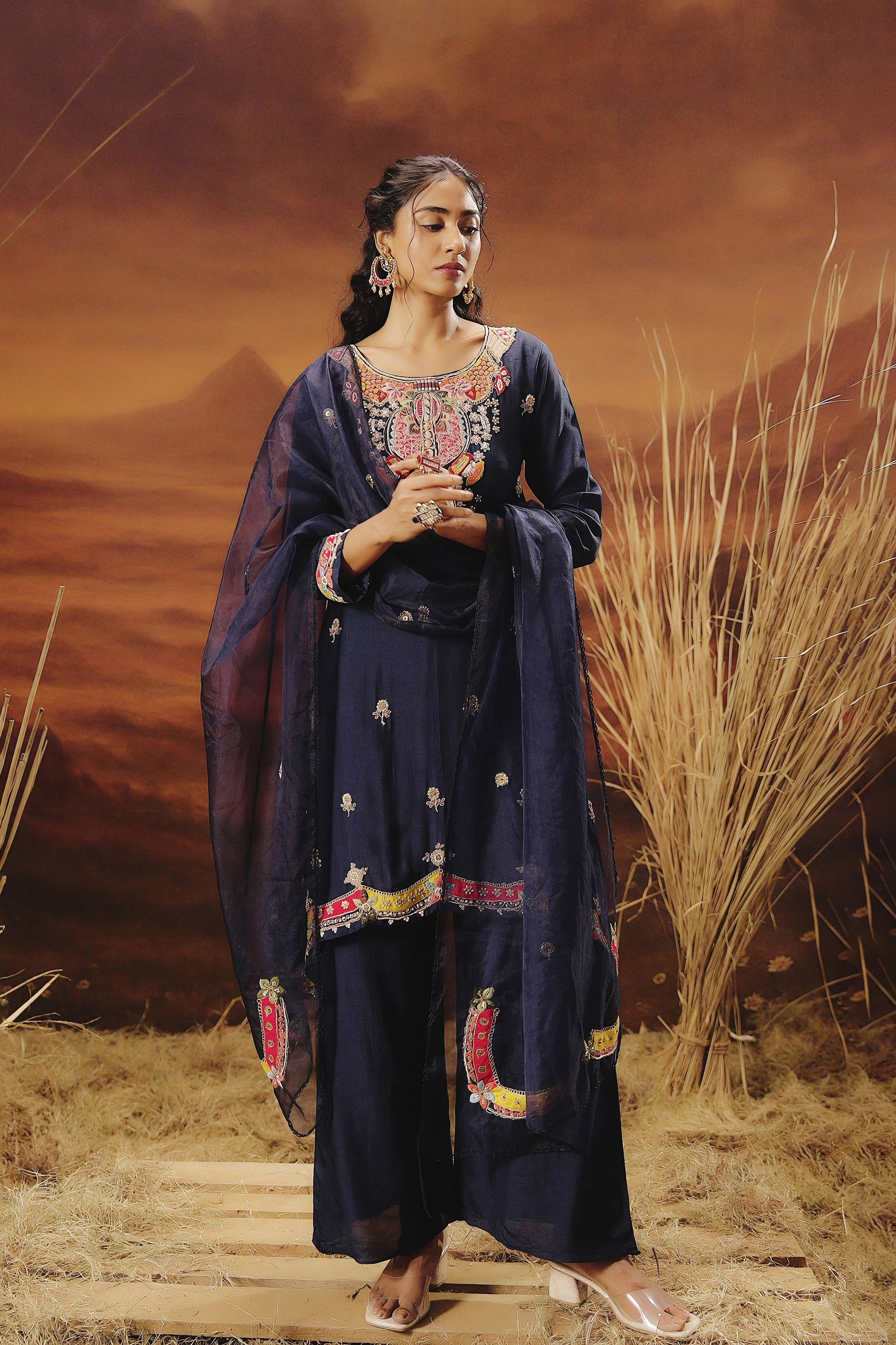 Deep Blue Embellished Raw Silk Pant Set