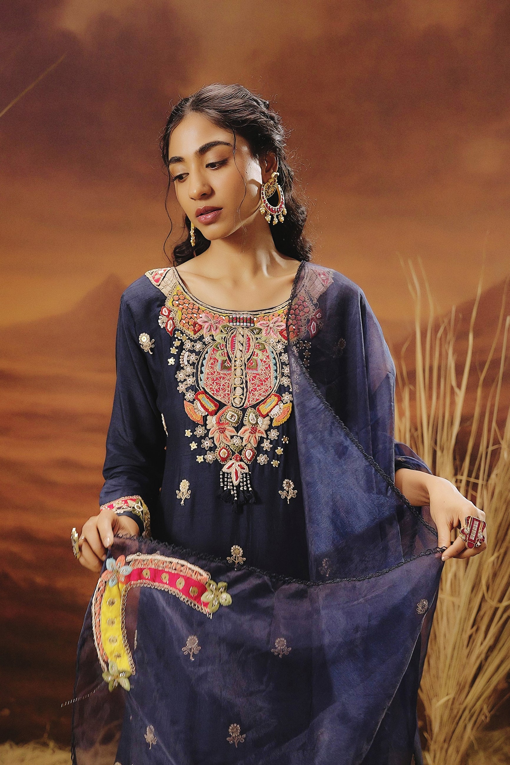 Deep Blue Embellished Raw Silk Pant Set