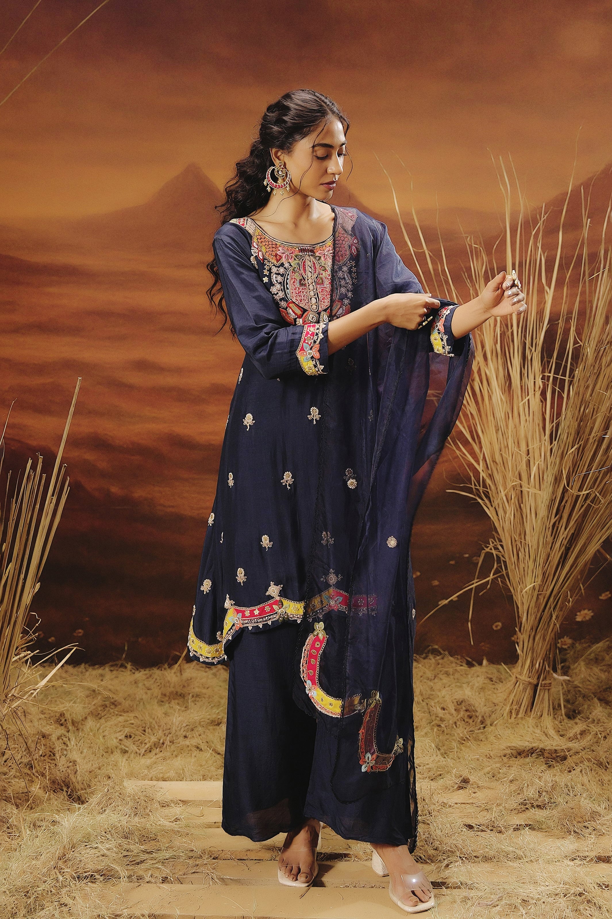Deep Blue Embellished Raw Silk Pant Set