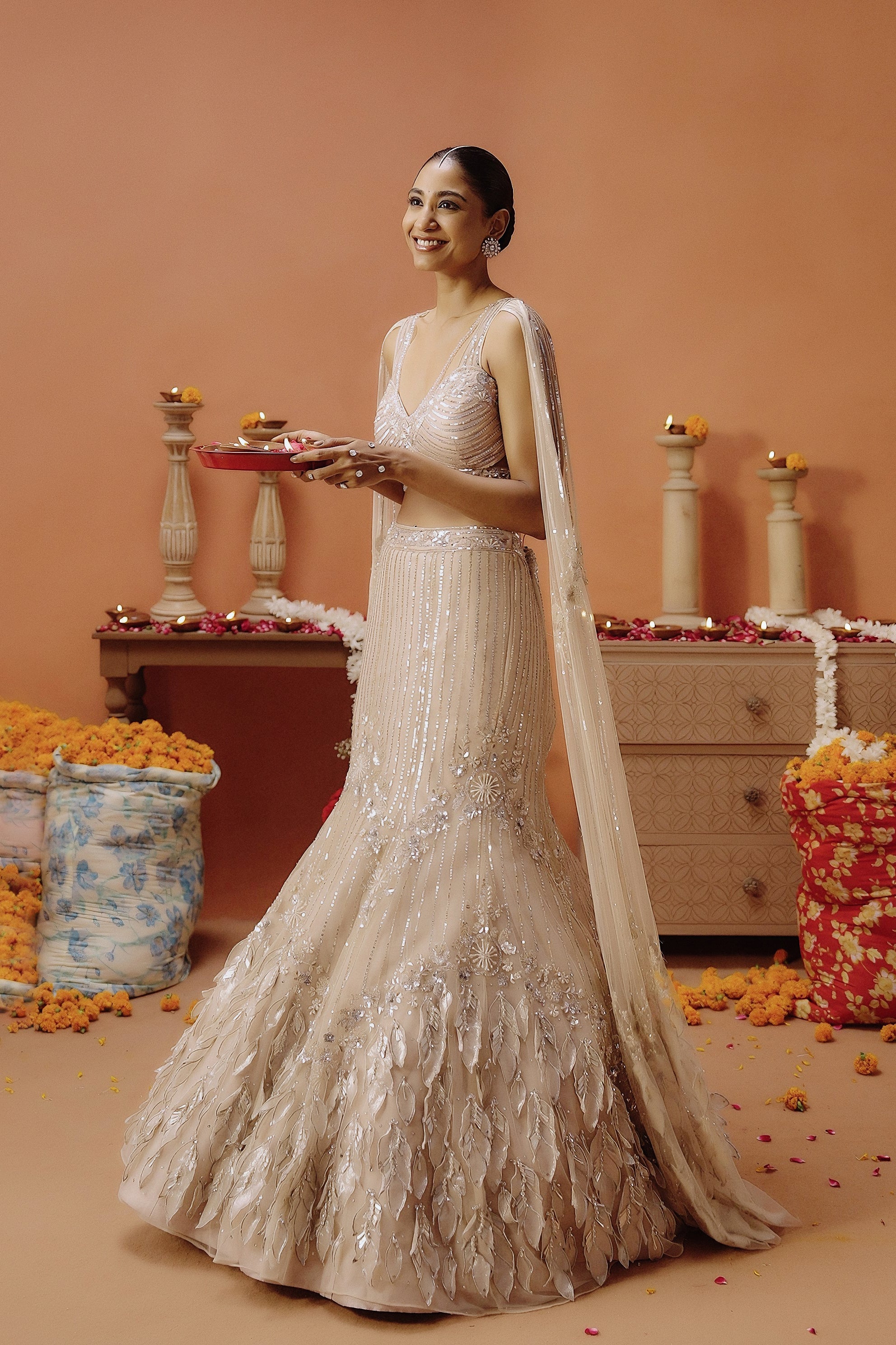 Blush Pink Embellished Premium Mono Net Lehenga Set