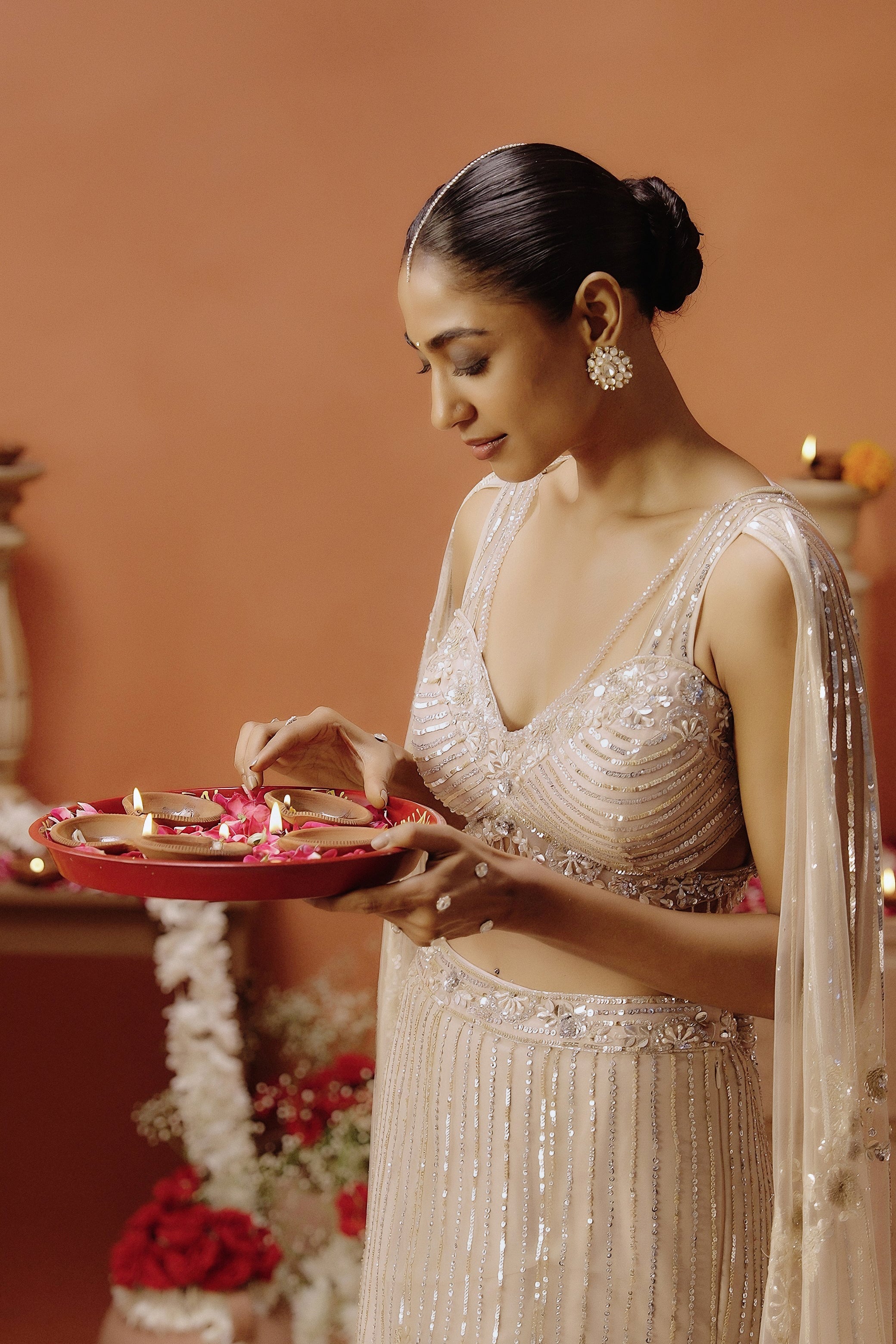 Blush Pink Embellished Premium Mono Net Lehenga Set
