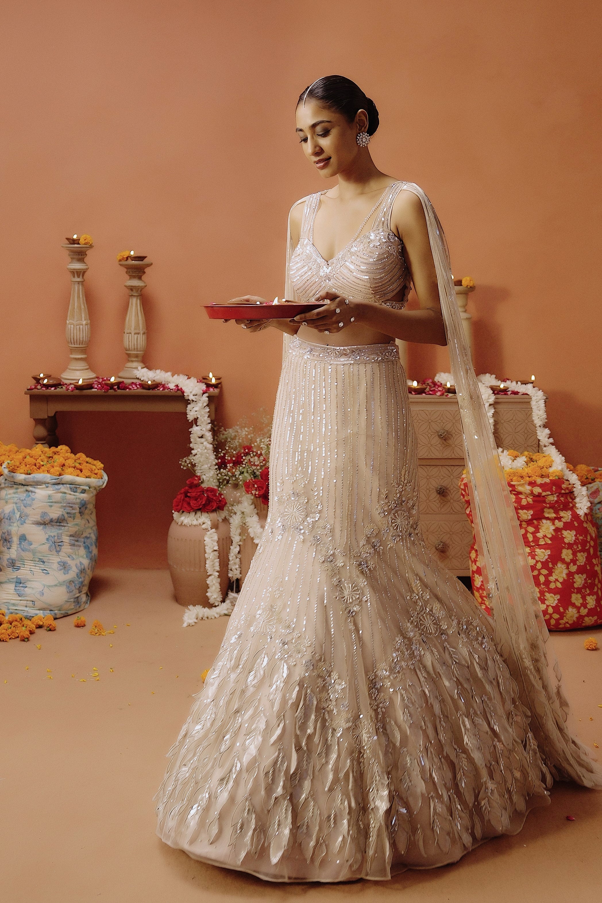 Blush Pink Embellished Premium Mono Net Lehenga Set