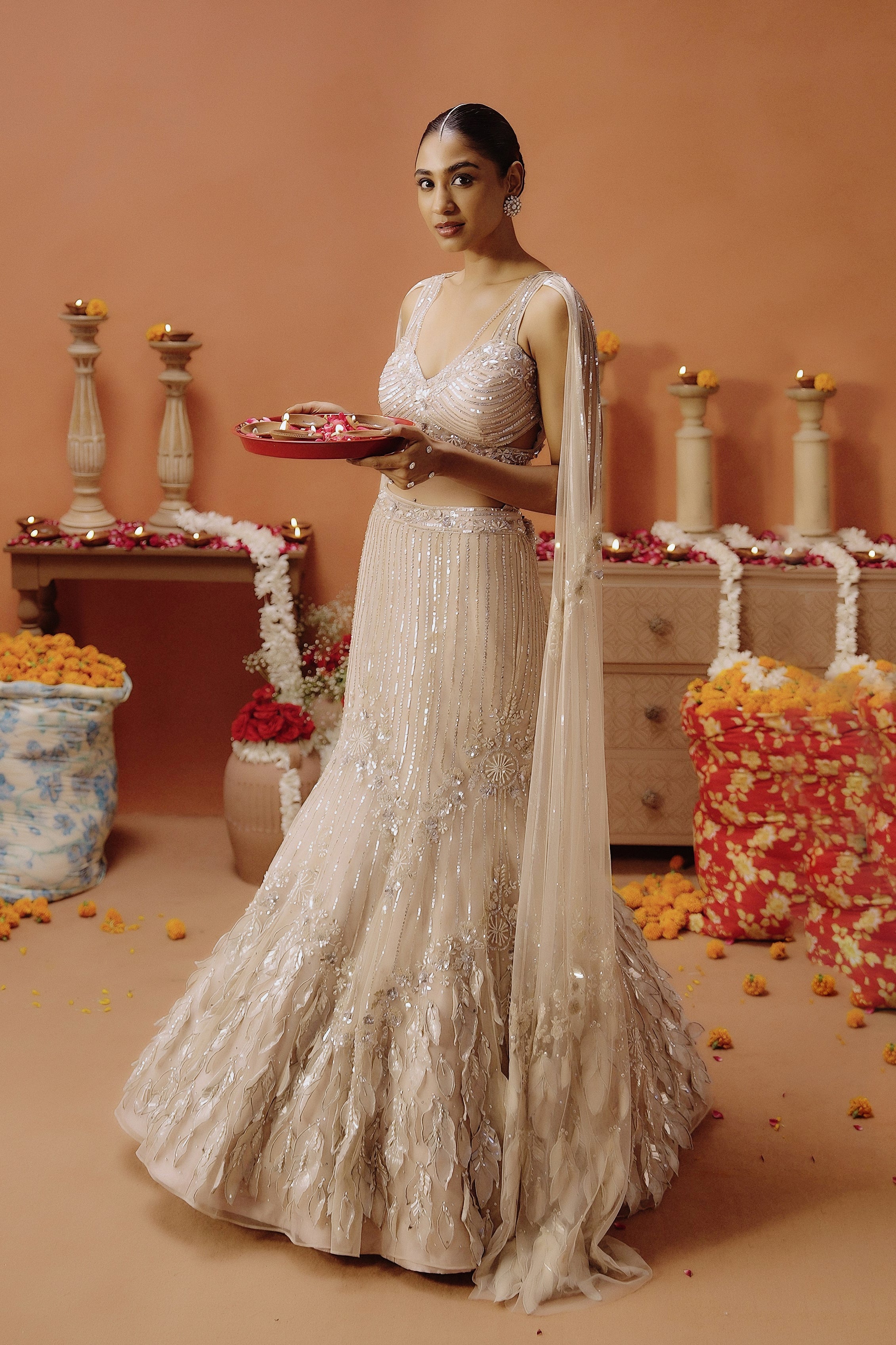Blush Pink Embellished Premium Mono Net Lehenga Set
