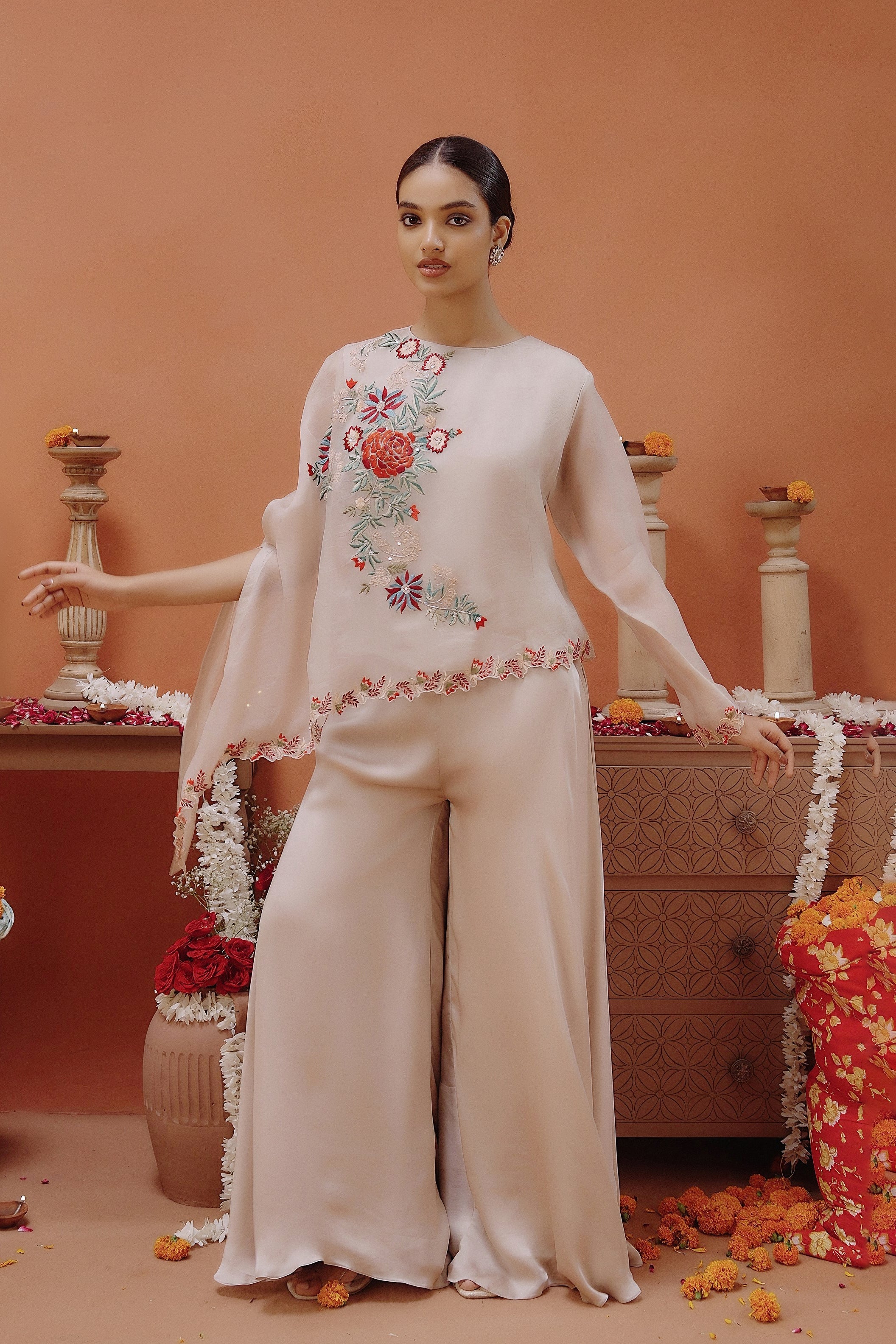 Off-White Embroidered Organza Silk Co-Ord Set