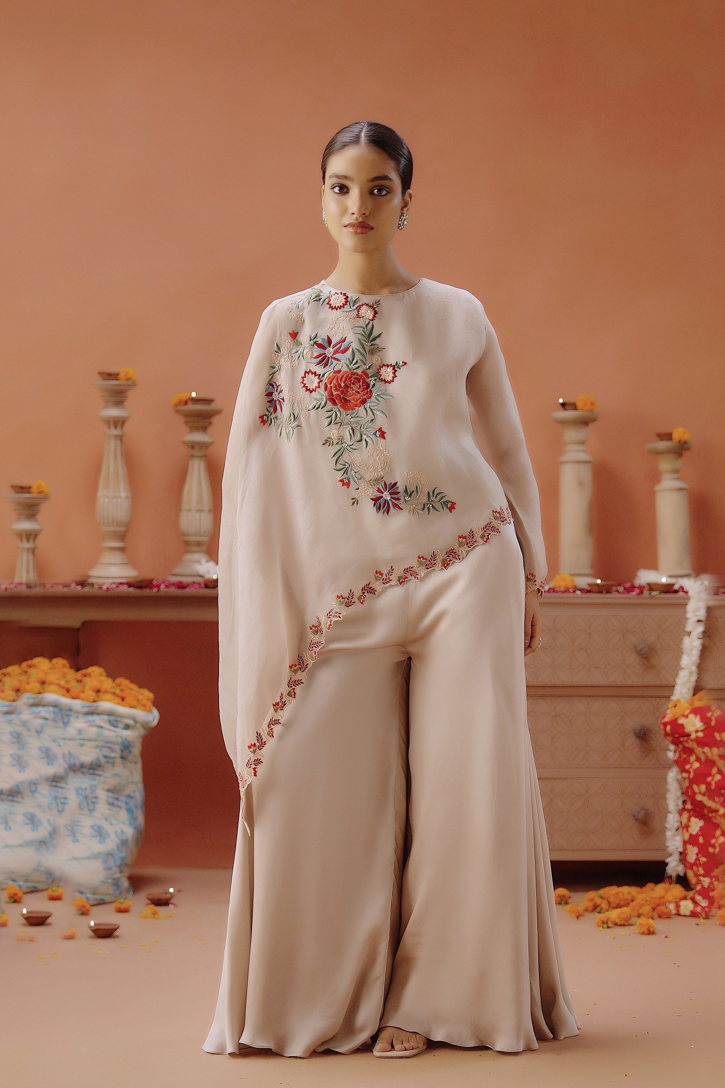Off-White Embroidered Organza Silk Co-Ord Set