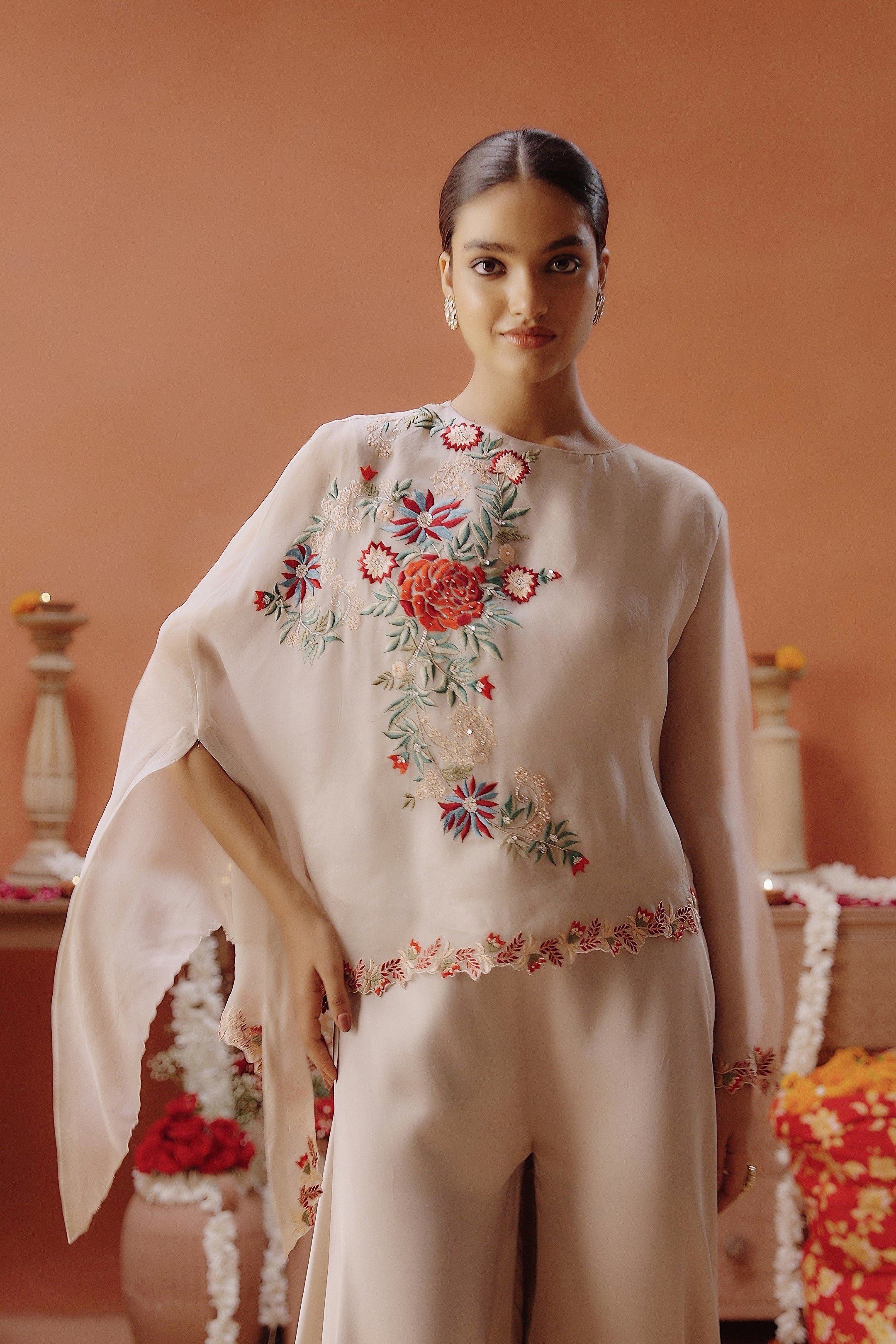 Off-White Embroidered Organza Silk Co-Ord Set
