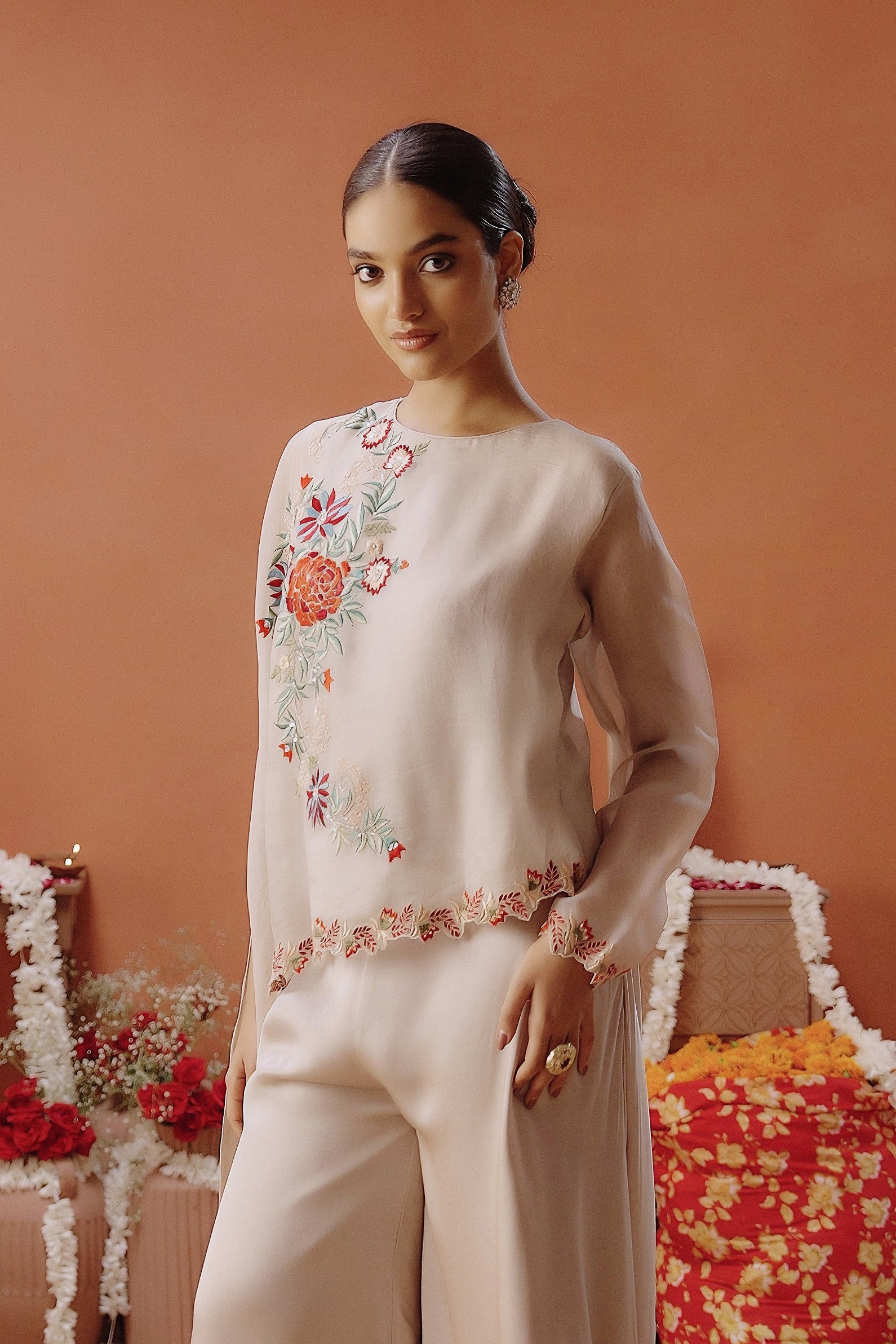Off-White Embroidered Organza Silk Co-Ord Set