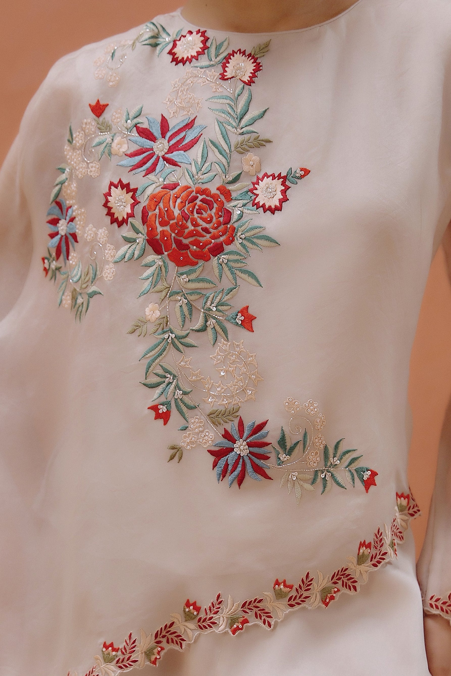 Off-White Embroidered Organza Silk Co-Ord Set