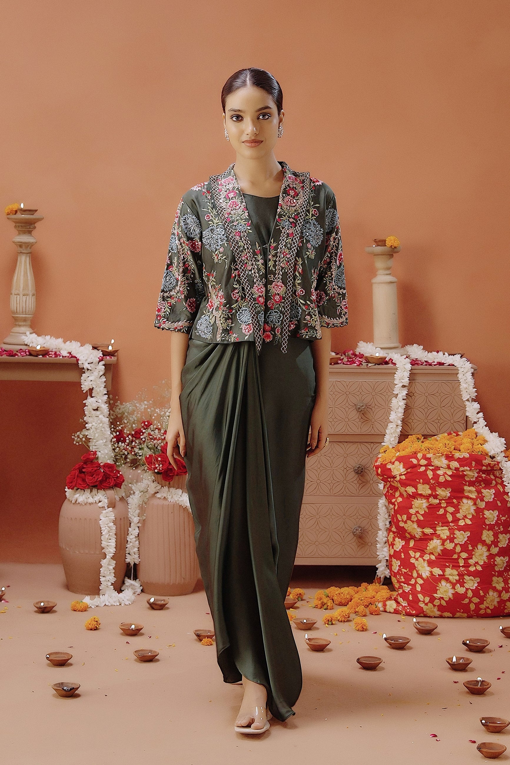 Dark Green Embellished Satin Silk Drape Skirt With Jacket