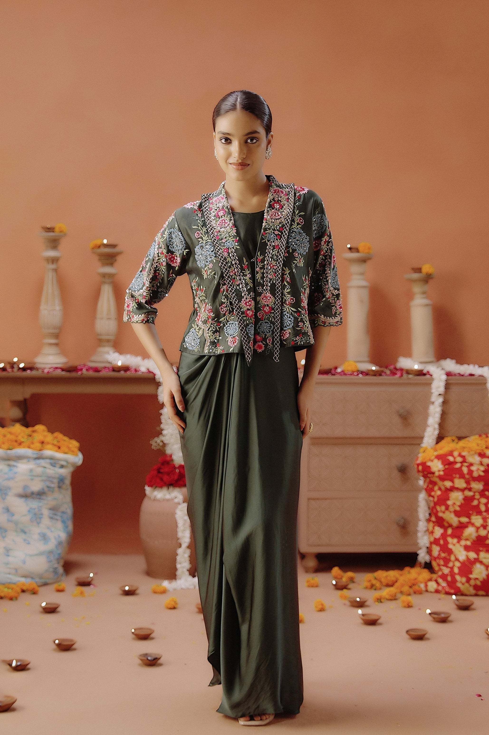 Dark Green Embellished Satin Silk Drape Skirt With Jacket