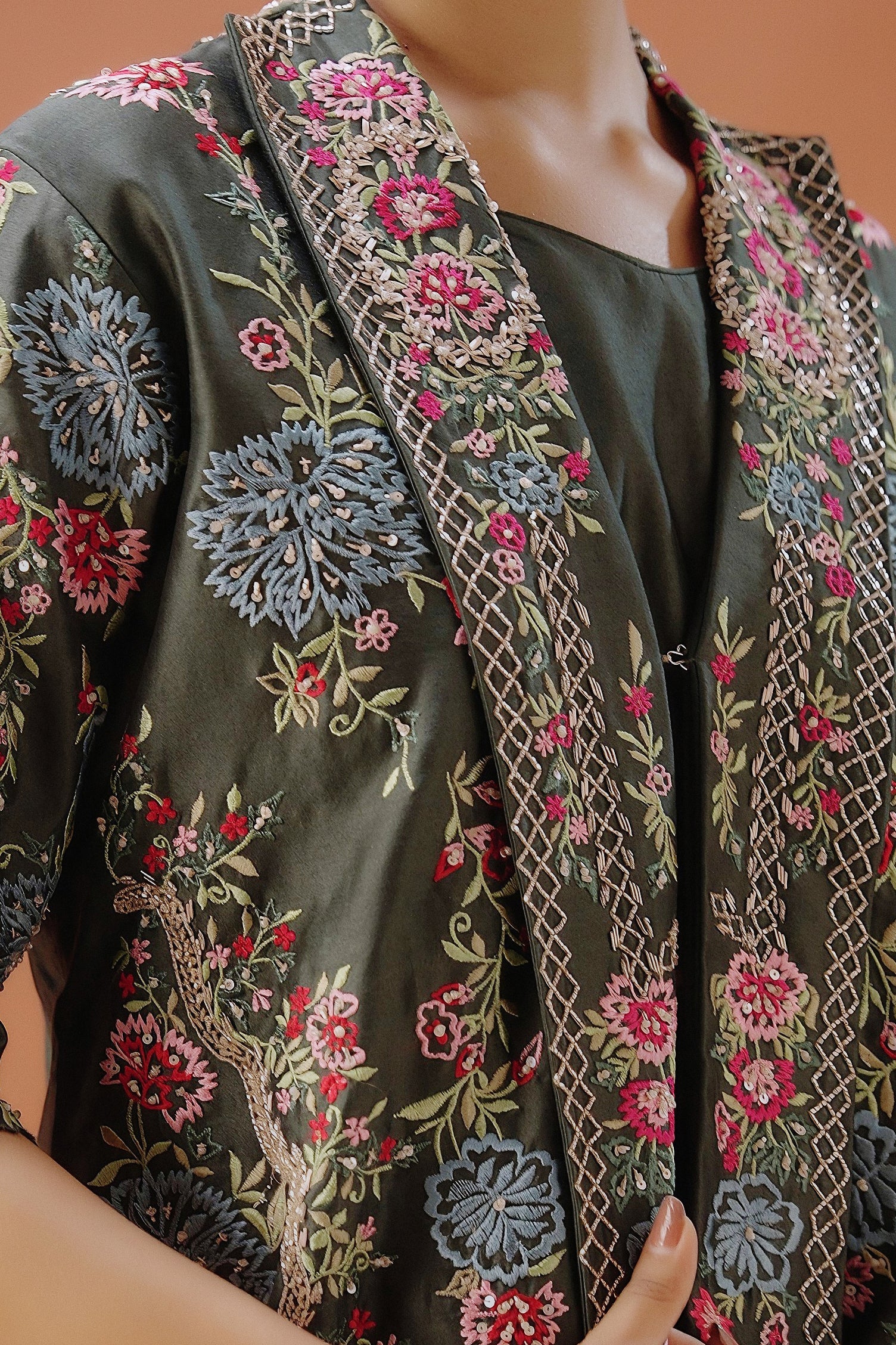Dark Green Embellished Satin Silk Drape Skirt With Jacket