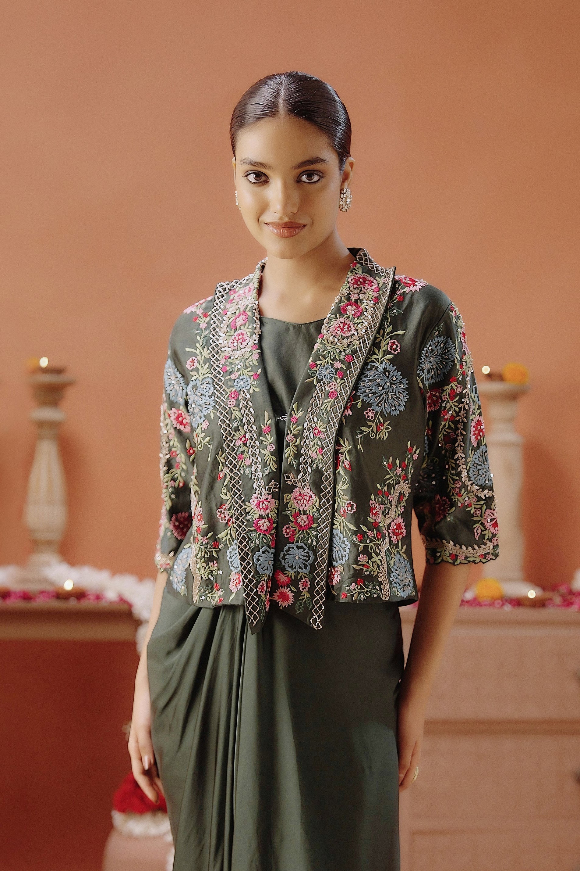 Dark Green Embellished Satin Silk Drape Skirt With Jacket