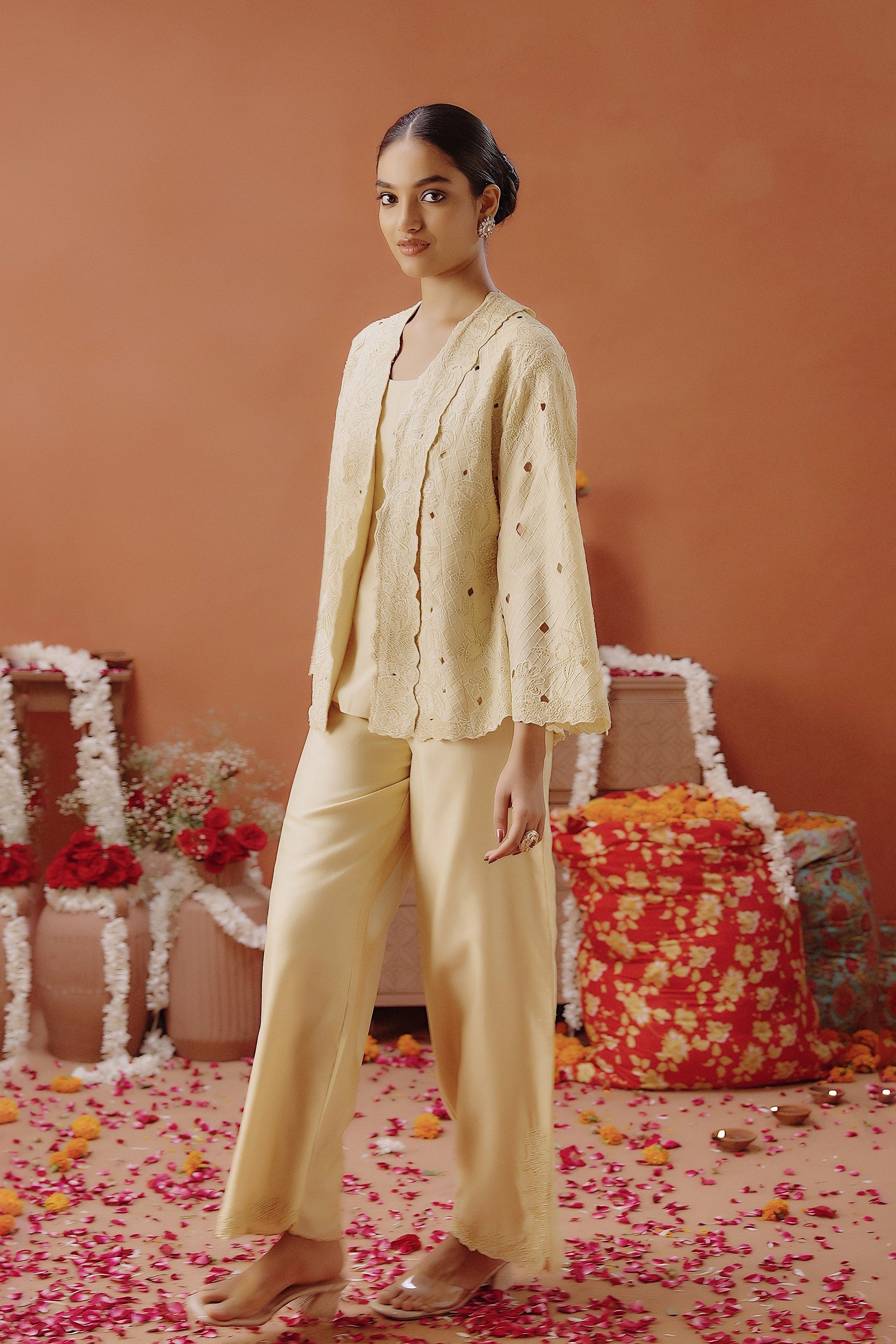 Pale Yellow Embroidered Chanderi Silk Co-Ord Set
